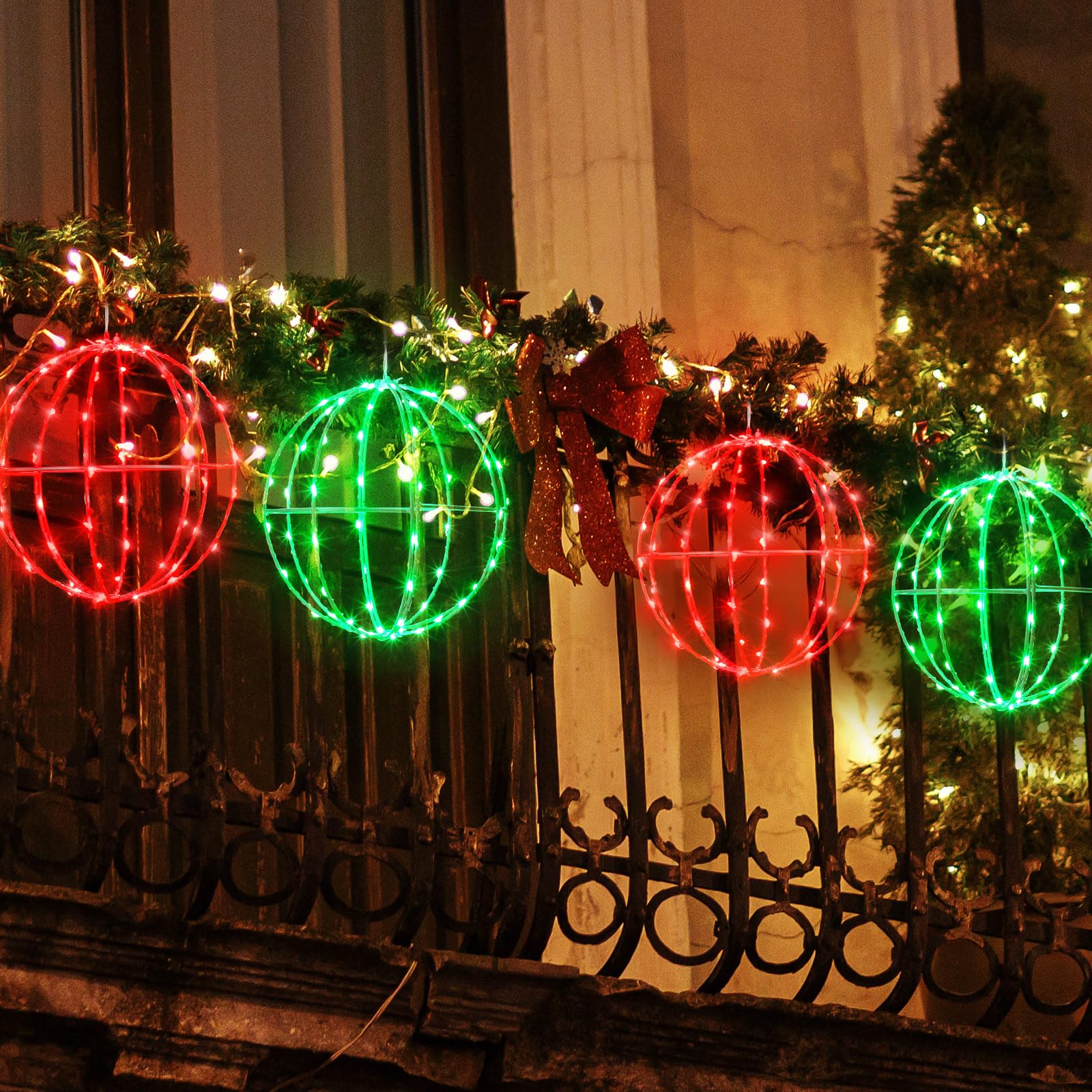 Leinuosen 4 Pack 7.87'' Outdoor Christmas Balls Lights Hanging Led Globe Lighted Xmas Metal Frame Ball Ornament Multicolor Spher