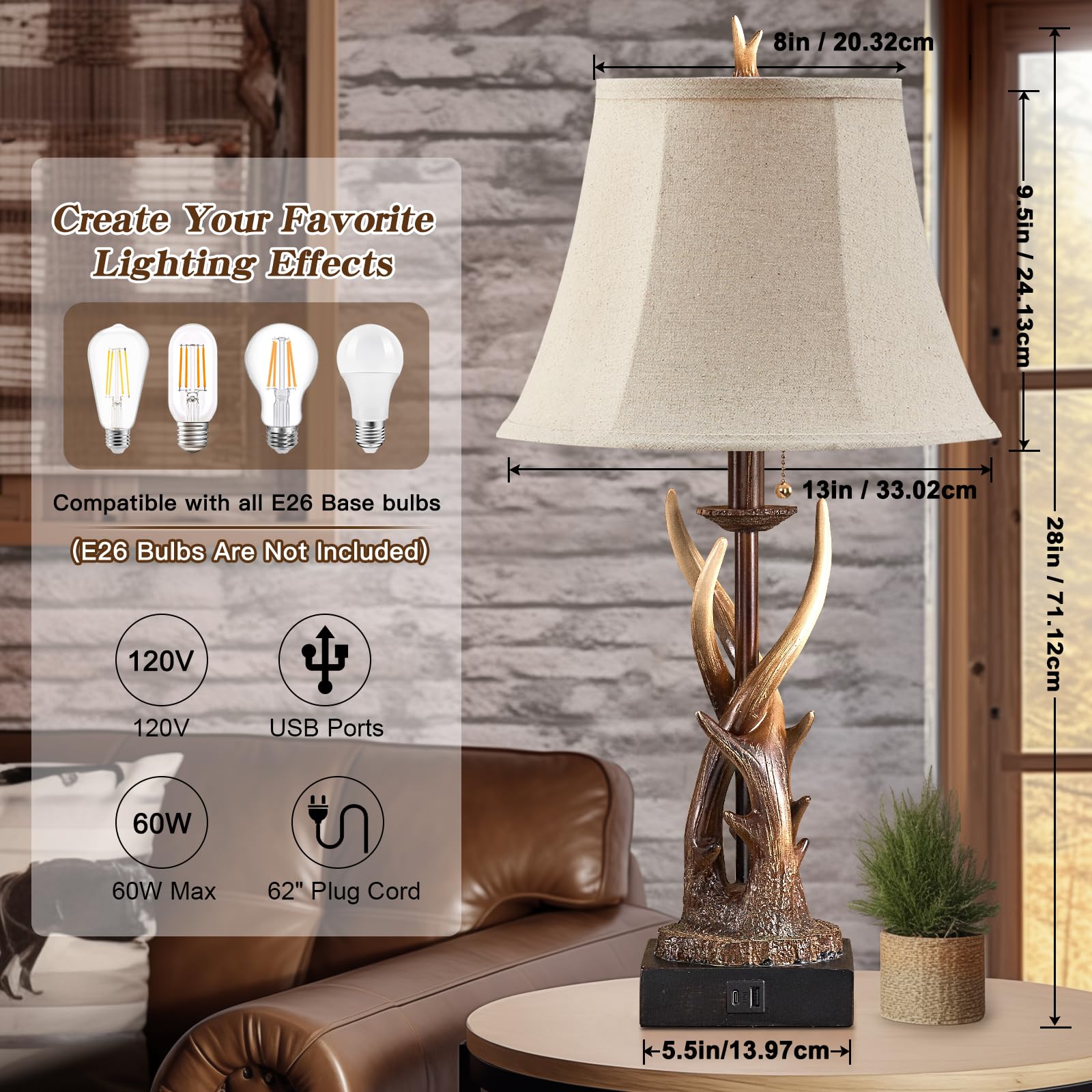 Bowobo Antler Table Lamps Set Of 2 With Usb A+C Ports For Bedroom Farmhouse Deer Rustic Bedside Lamps With Bell Shade For Living