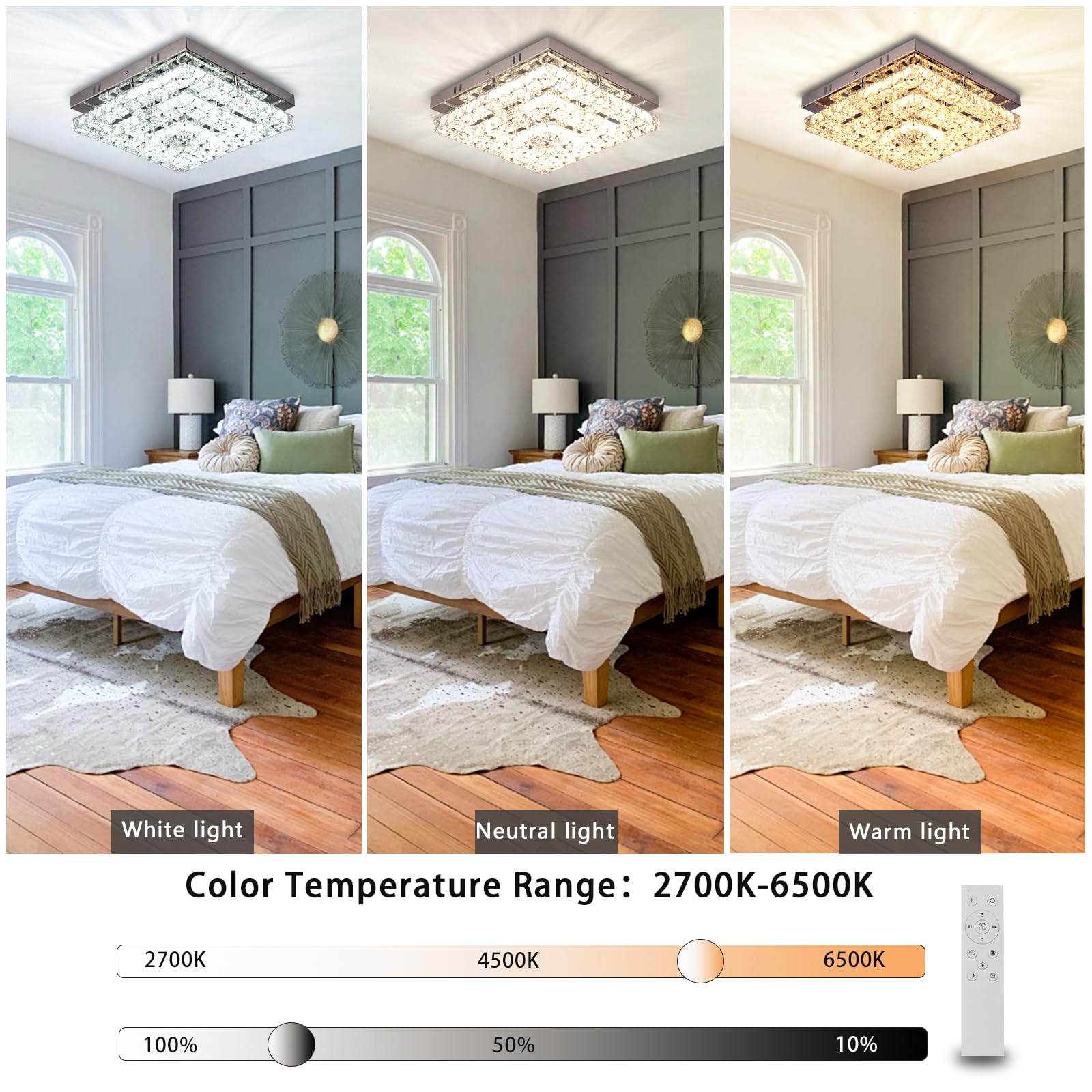 Cainjiazh Crystal LED Ceiling Light Chandelier, 11.8in Square, Dimmable, Stainless Steel and Crystal, Modern Design for Bedroom, Dining Room
