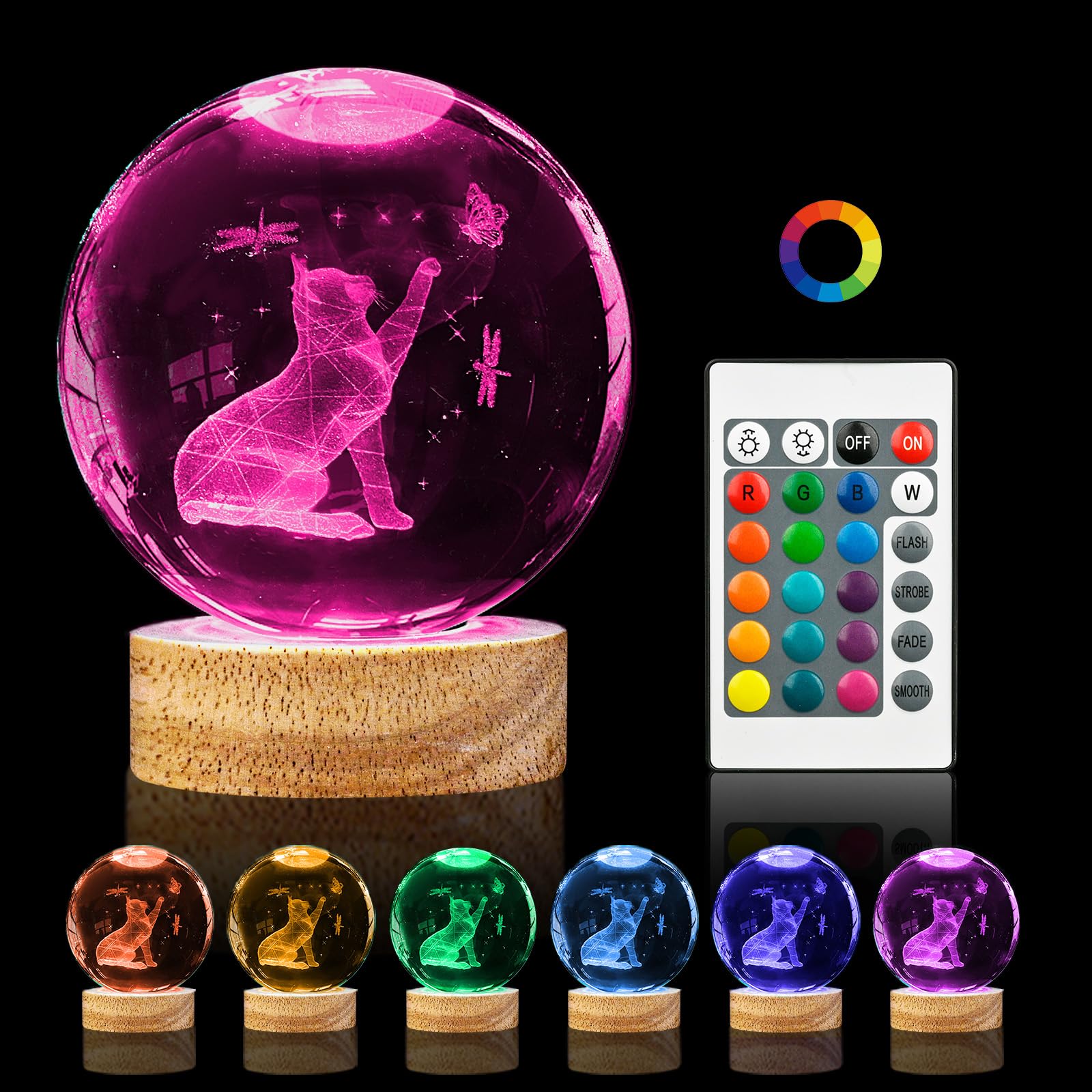 PYMIN3D 3D Cat Crystal Ball Night Light 3.15in K9 Cat Lamp with 16 Colors Change Wooden Base and Remote Control Christmas Cat Gi