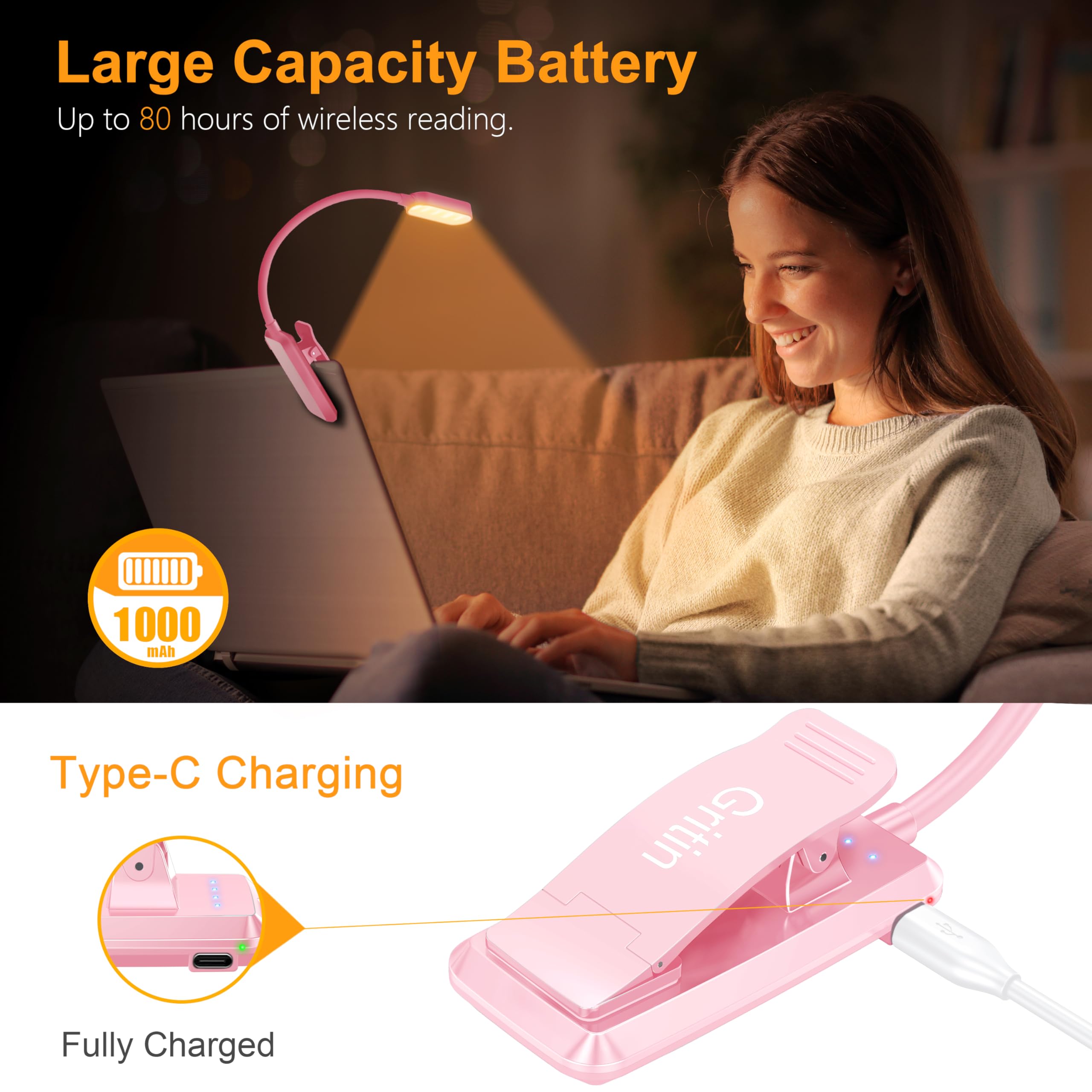 Gritin 16 LED Rechargeable Book Light - Pink, Eye-Caring, 3 Color Temperatures, Stepless Dimming, 80 Hrs Runtime, Flexible Clip-On