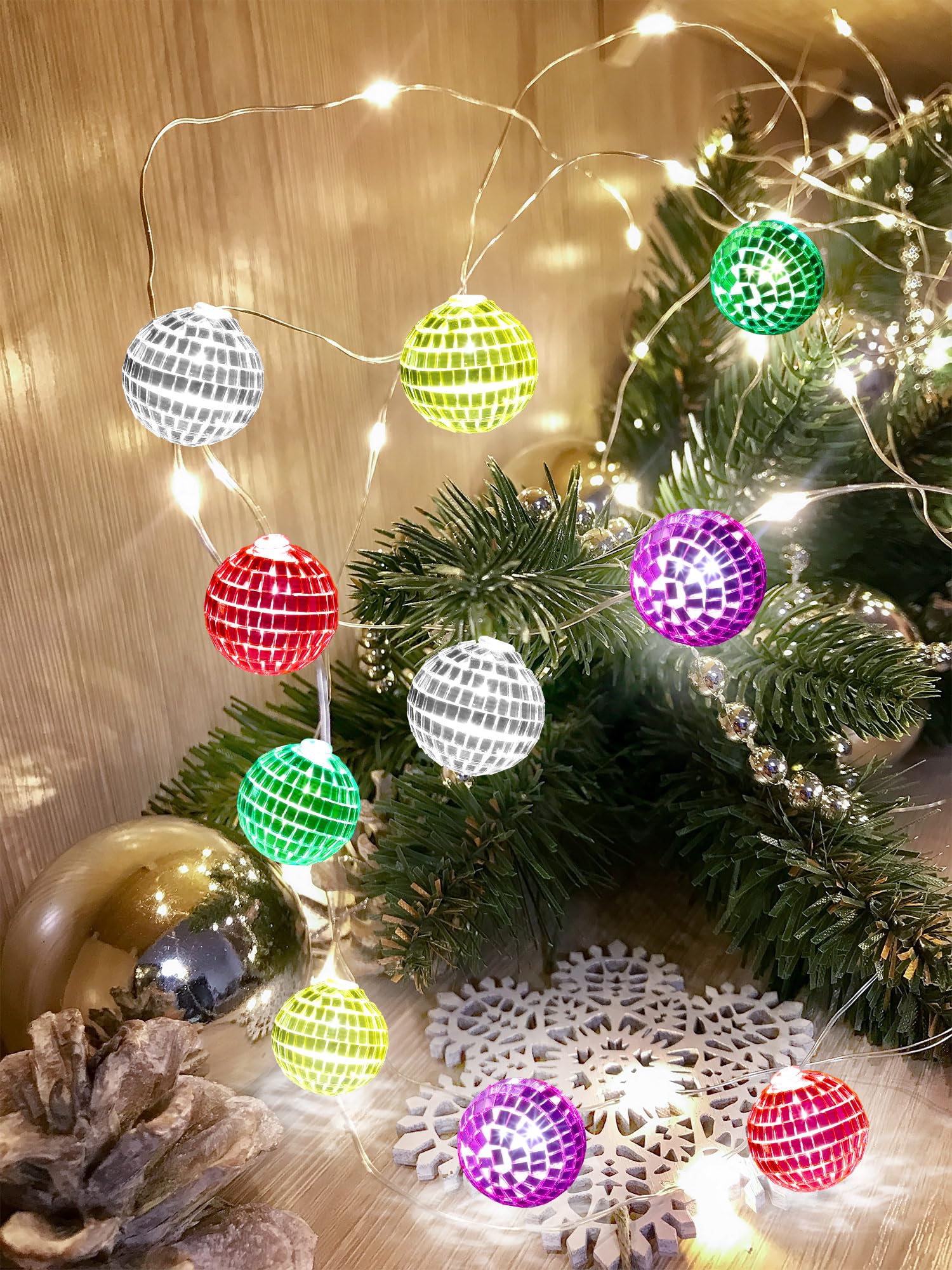 Bbto Led Disco Ball String Light Battery Powered Mirror Balls Ornaments For Outside Backyard Porch 70S 80S Disco Party Supplies(1.57 Inch Mixed Colors)