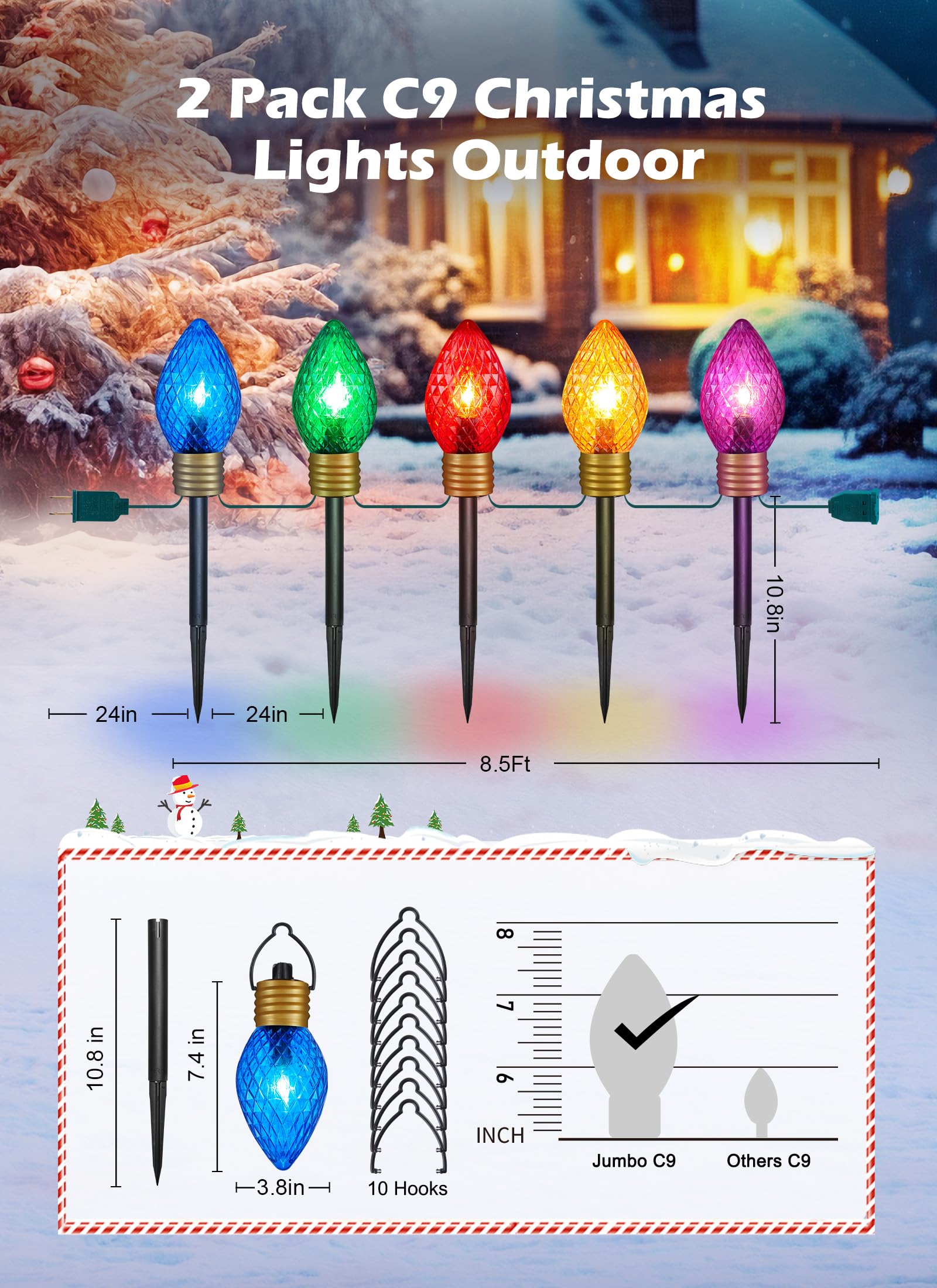 Brightown Jumbo C9 Christmas Pathway Lights - 2 Pack, 17 Feet, Multicolor LED Bulbs for Outdoor Holiday Decorations