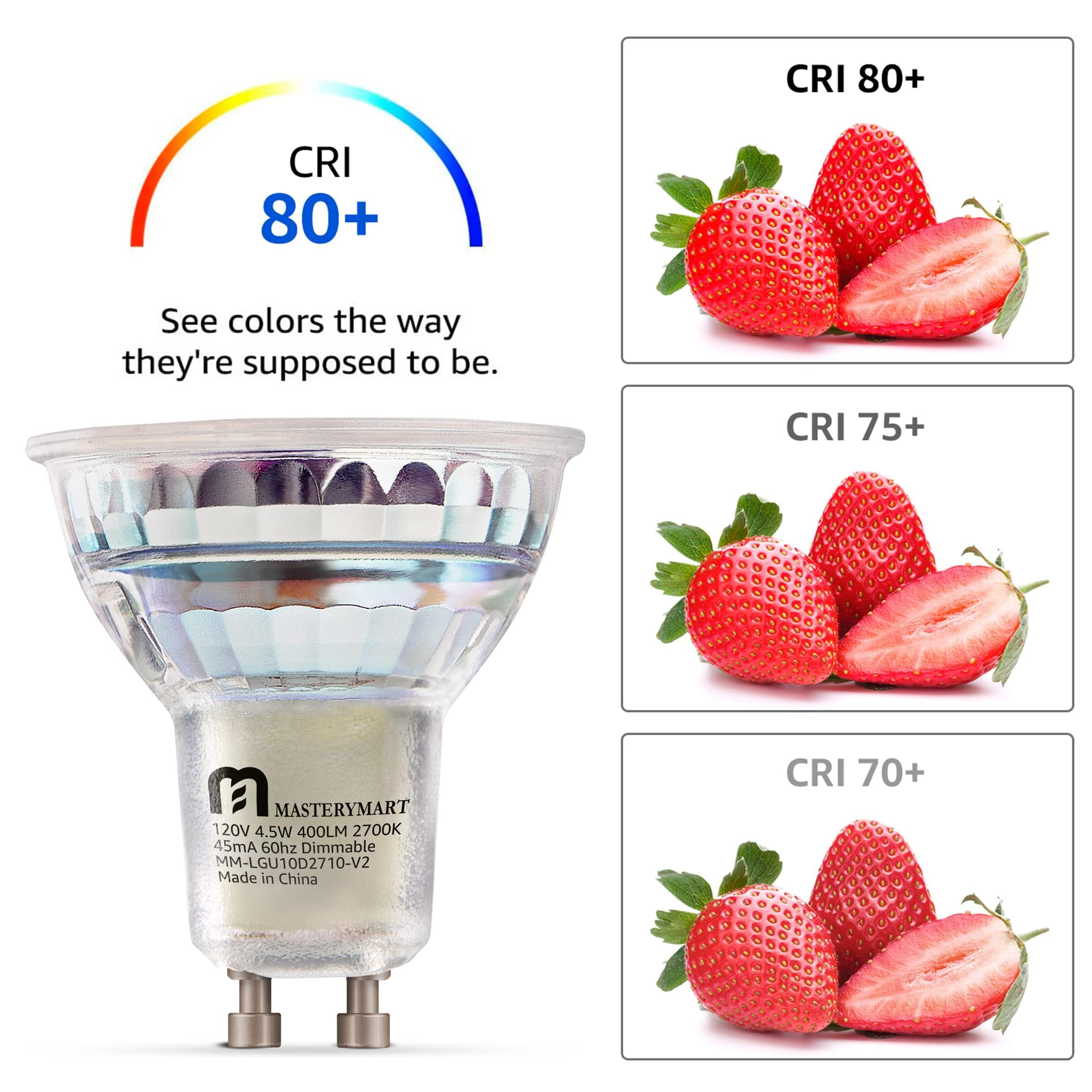 MASTERY MART GU10 LED Bulbs Dimmable, 50 Watt Halogen Equivalent, 2700K Soft White, 4.5W Flood Light Bulbs, MR16 Spot 400lm 40 B