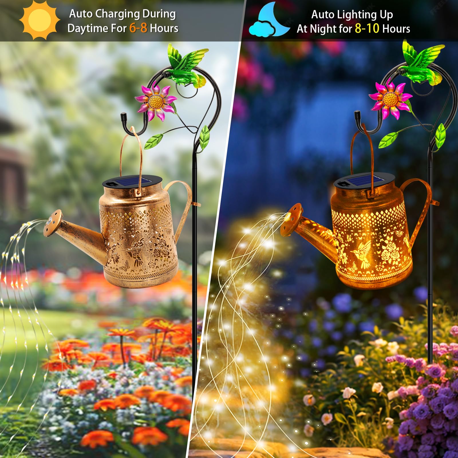 2 Pack Solar Lanterns Outdoor Waterproof Hummingbird Watering Can Garden Decor Hanging Solar Path Lights Yard Art Outside Patio Decorations Gardening Birthday Gifts For Mom Grandma Women (Warm White)