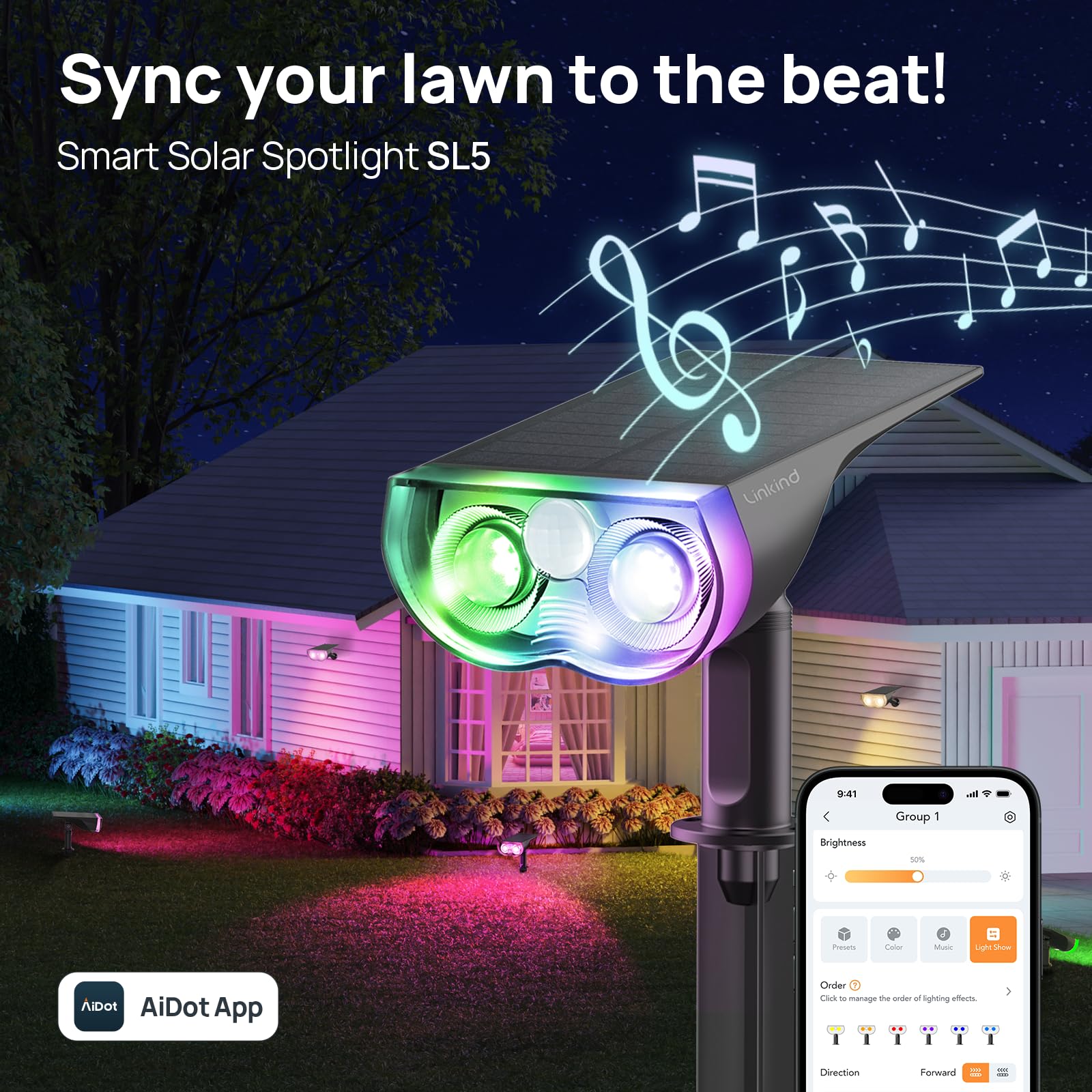 Linkind Smart Solar Spot Lights with Motion Sensor, APP Control, IP65, 2 Pack, Multicolor, Model LK-SL5M-RGBTW-US-2-AZ