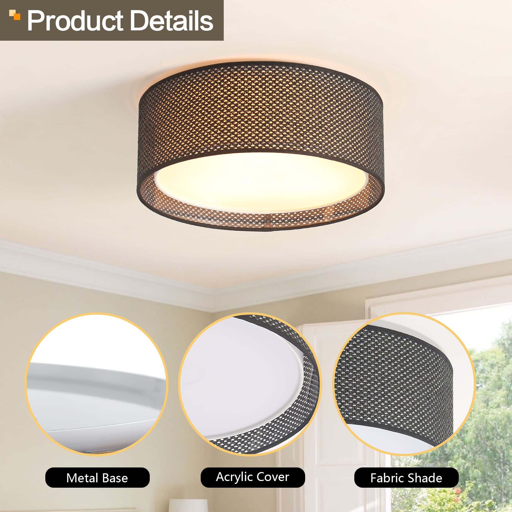 Wingbo 15.7" Modern 3-Light Flush Mount Ceiling Light Fixture With Fabric & Acrylic Double Drum Shade For Bedroom Living Room Dining Room Hallway Entryway, Black