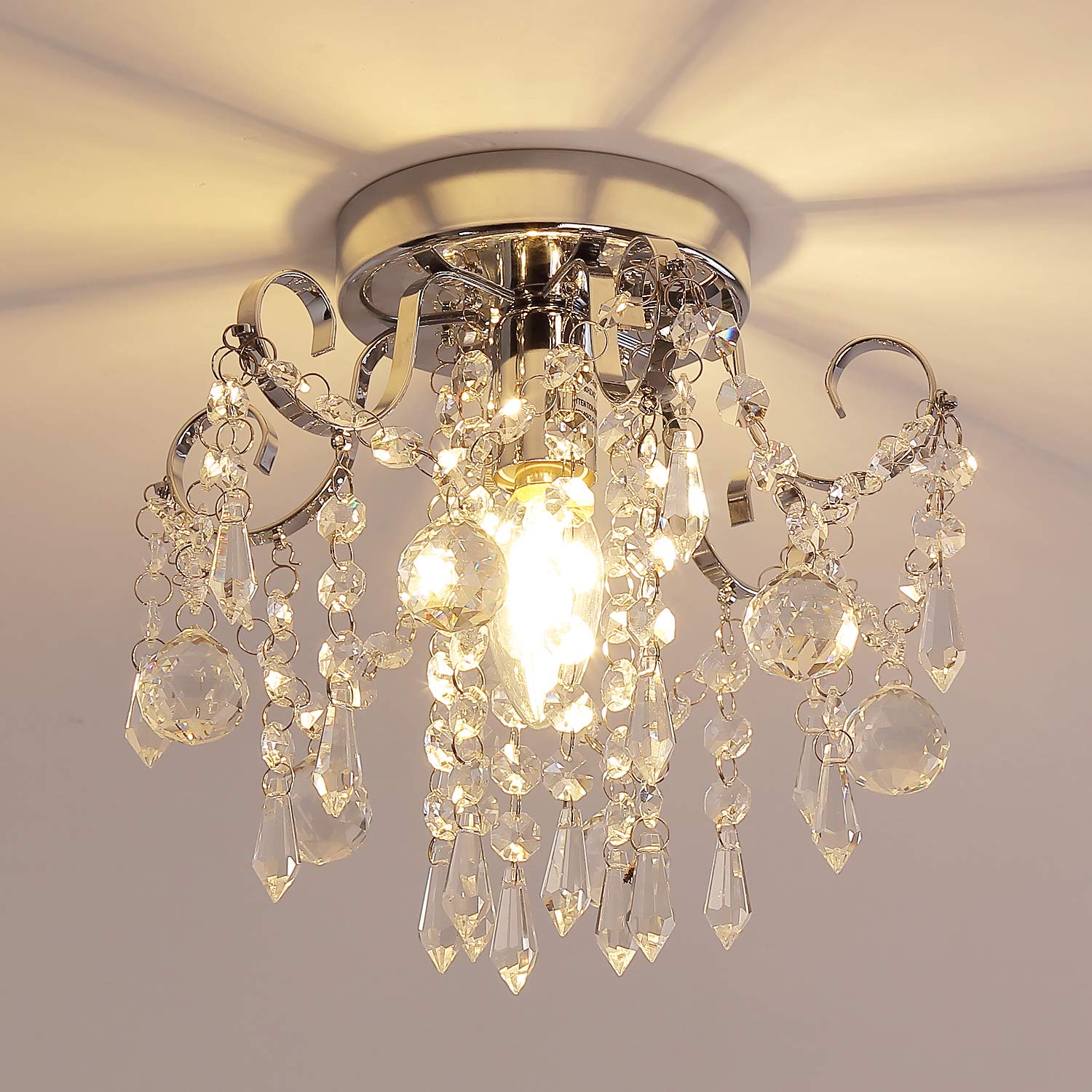 Q&S Small Crystal Chandelier Flush Mount Light Fixture, 1-Light, Chrome Metal, Clear K9 Crystal, Model P2001-1