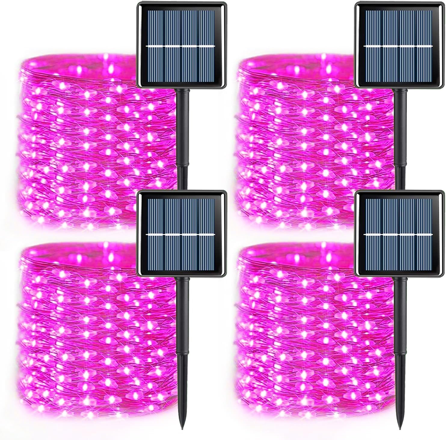YEGUO 4 Pack Pink Solar Fairy Lights, Each 33ft 100 LED Christmas Lights Outdoor Waterproof, 8 Modes Sliver Wire Solar String Li