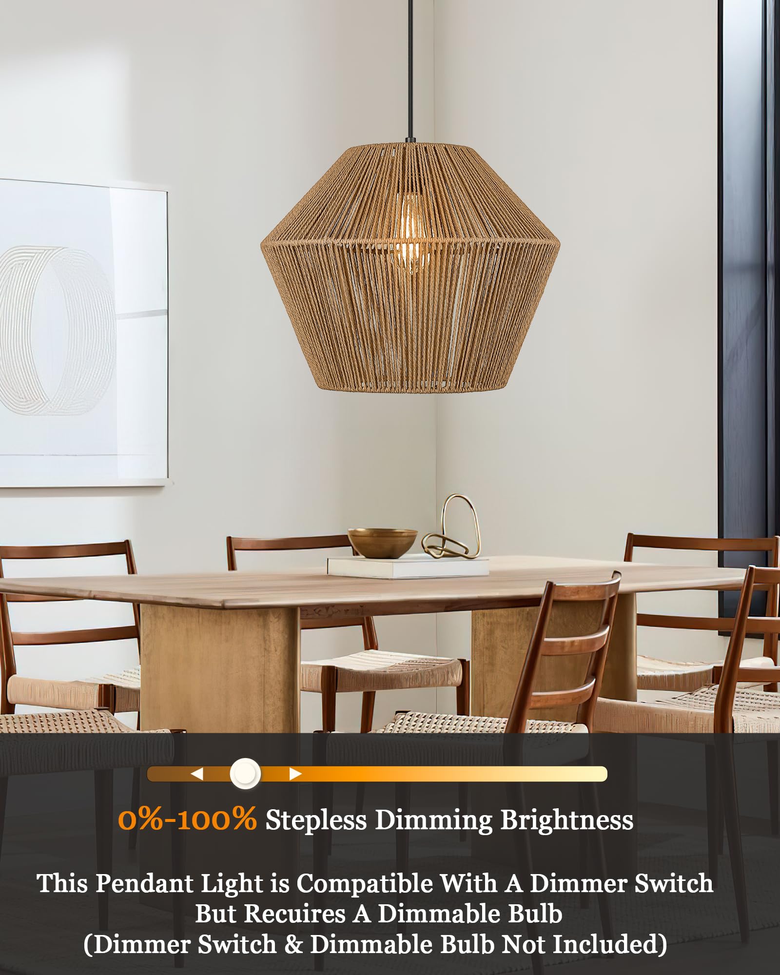 Elyona 16.5&quot; Woven Rattan Pendant Light - Modern Boho Chandelier For Dining Room & Kitchen