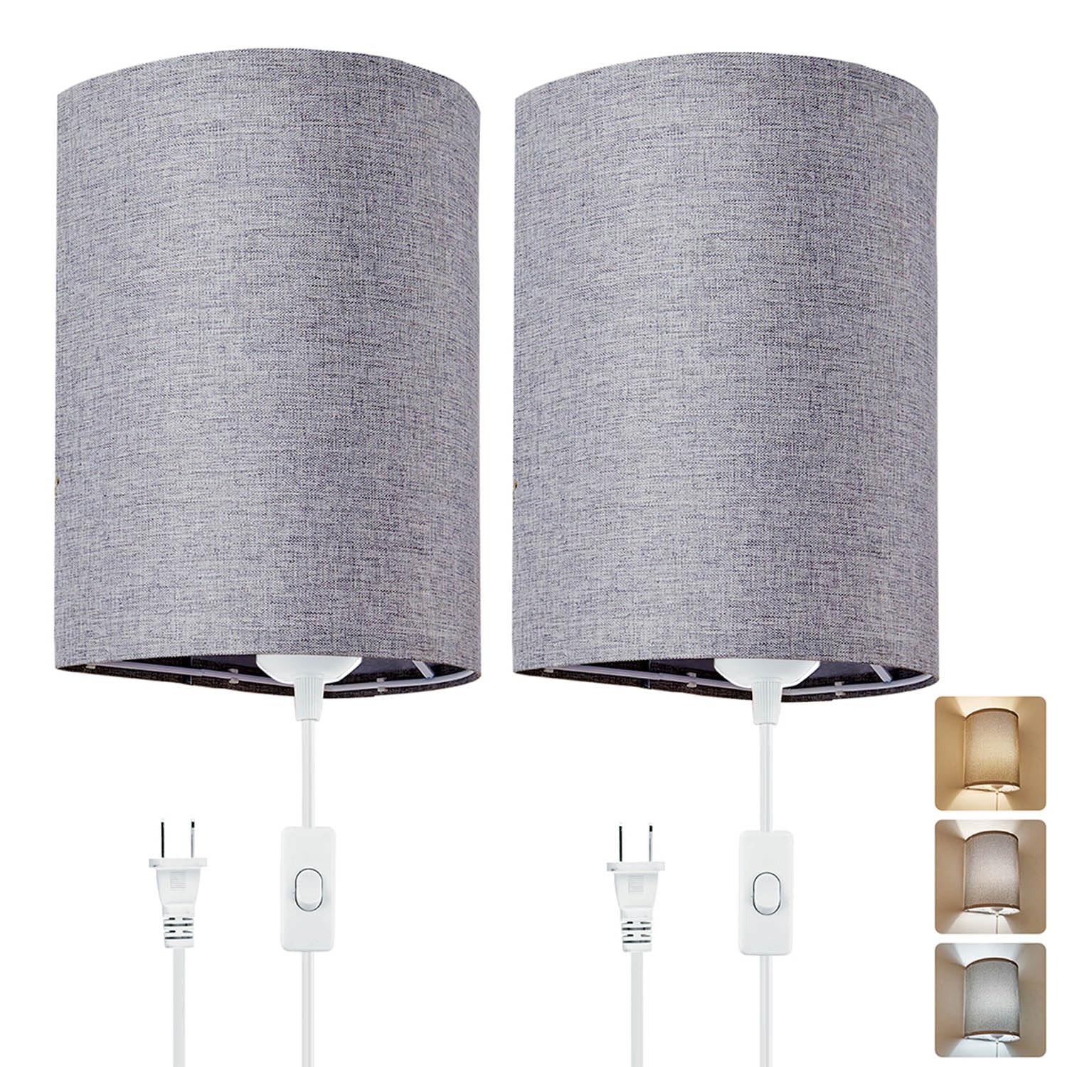 XIEYOR Wall Sconces Set of 2, Plug-in, Fabric Linen Shades, 3-Color Selectable, Grey, Model: plugsconces-0608