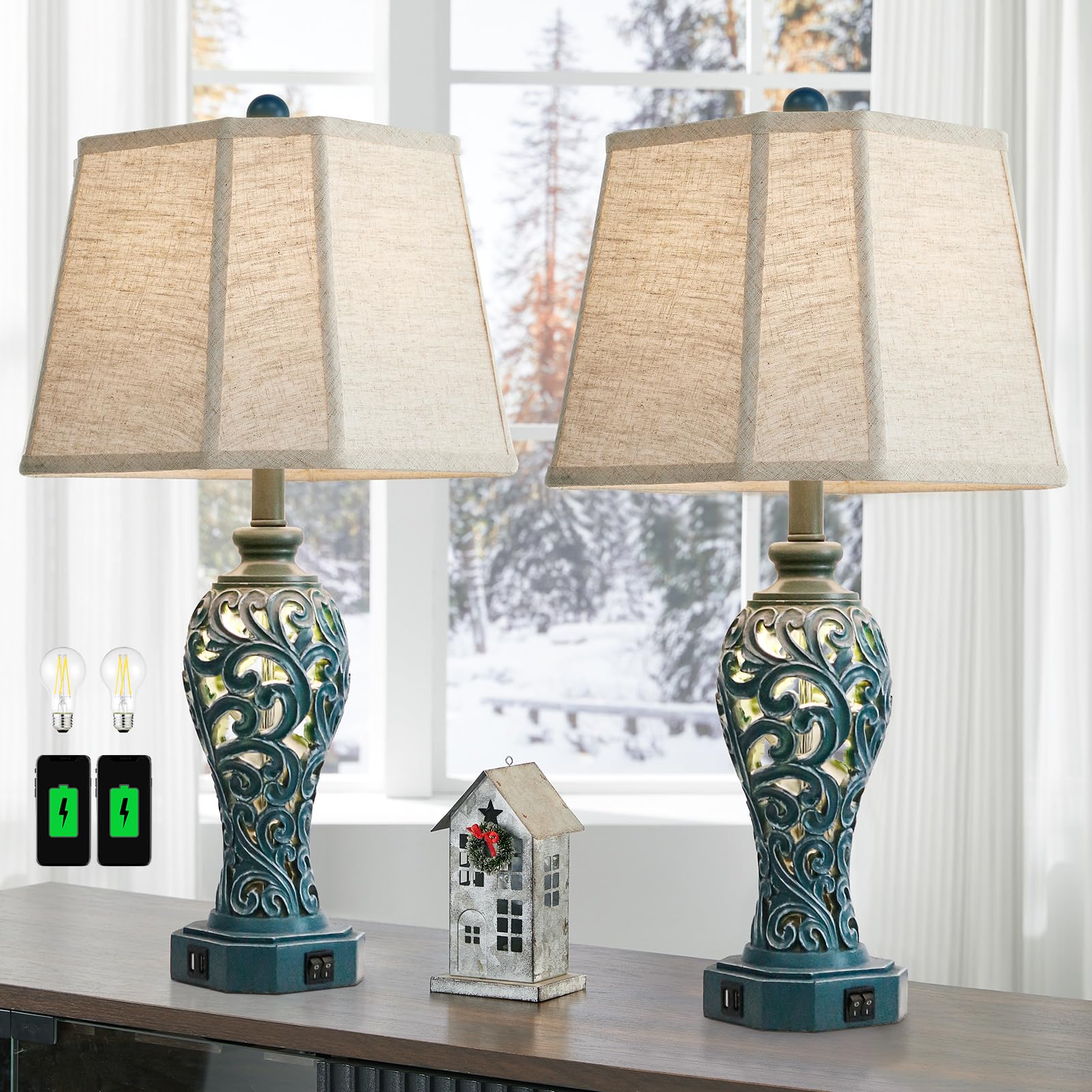 25'' Farmhouse Table Lamps Set of 2 for Living Room Bedroom, 2 USB Ports Coastal Vintage Table Lamp with Nightlight, Navy Blue H