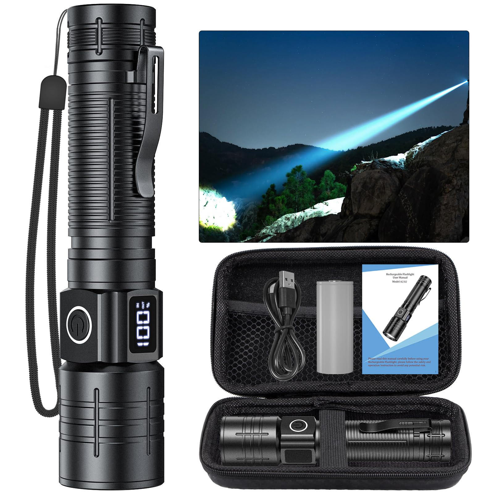 NetCan LED Flashlight, High Powered 50000 Lumens Super Bright Tactical Flashlight, Rechargeable Flashlights High Lumens, 6 Modes