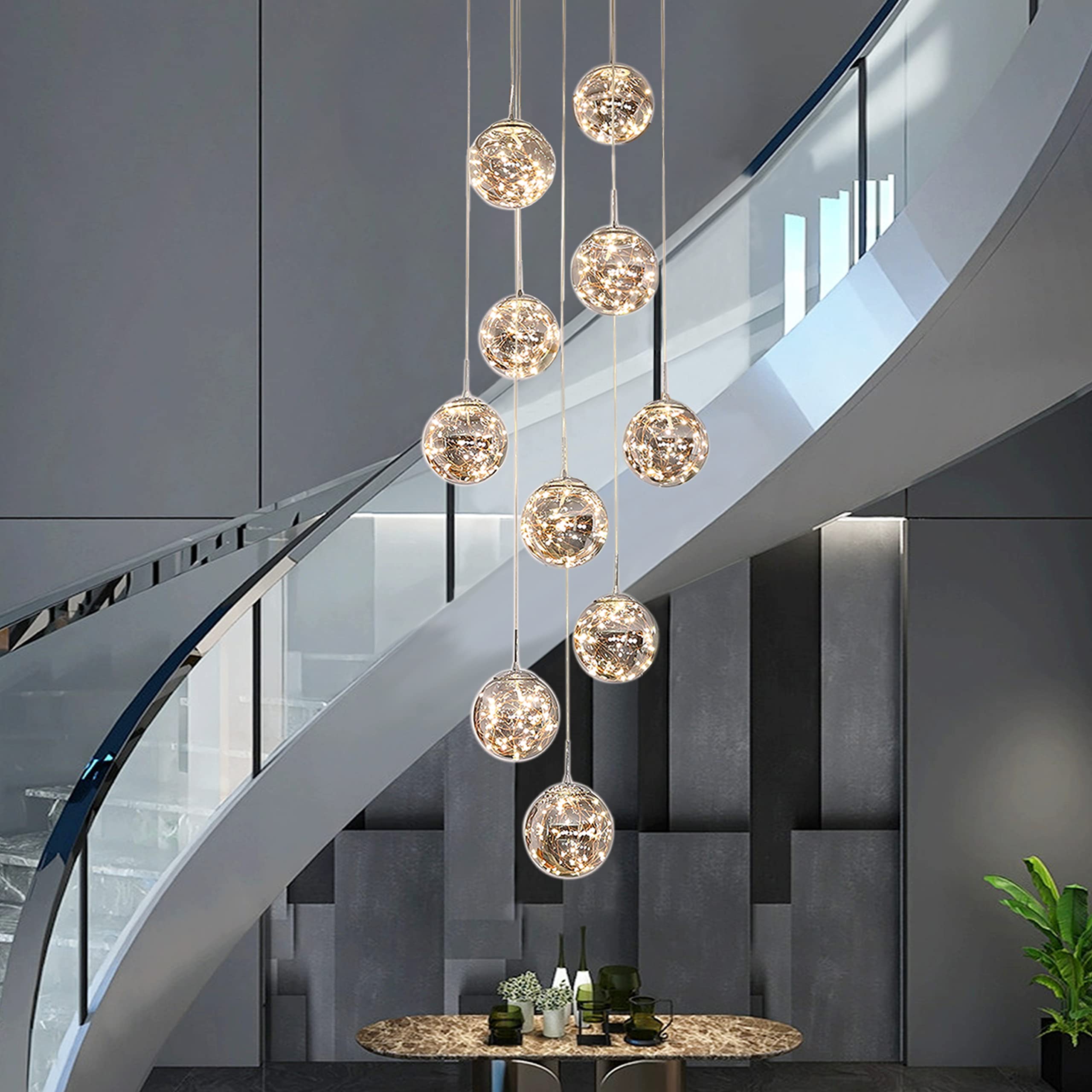 KAUCQI 10-Light LED Staircase Chandelier, Gray Metal Modern Lighting Fixture, Adjustable Length, Model ZG-1001