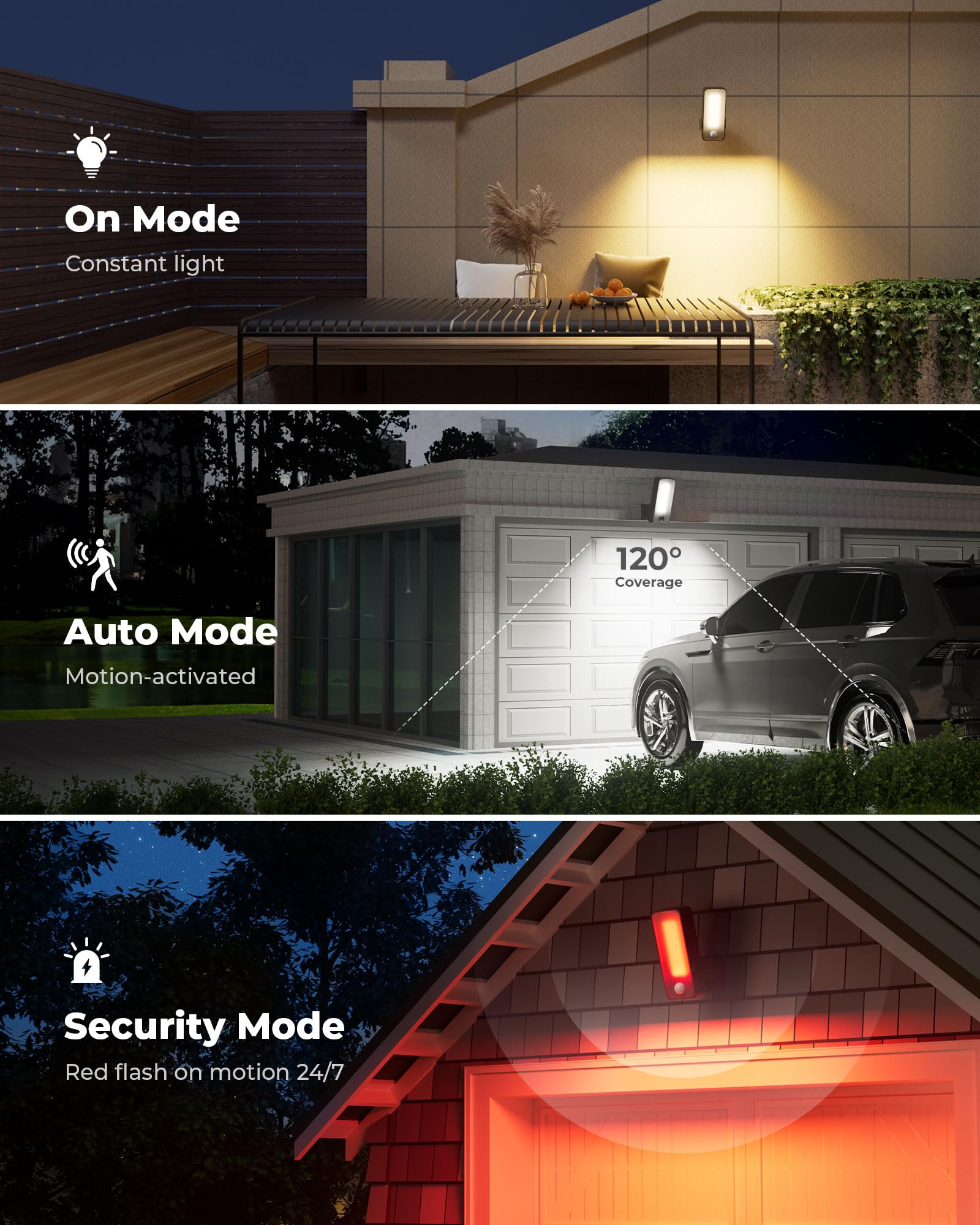2 Pack Motion Sensor Outdoor Lights, 10000mAh Rechargeable 600 Lumen Battery Operated Outdoor Wall Lights with 3 Modes, 3 Colors