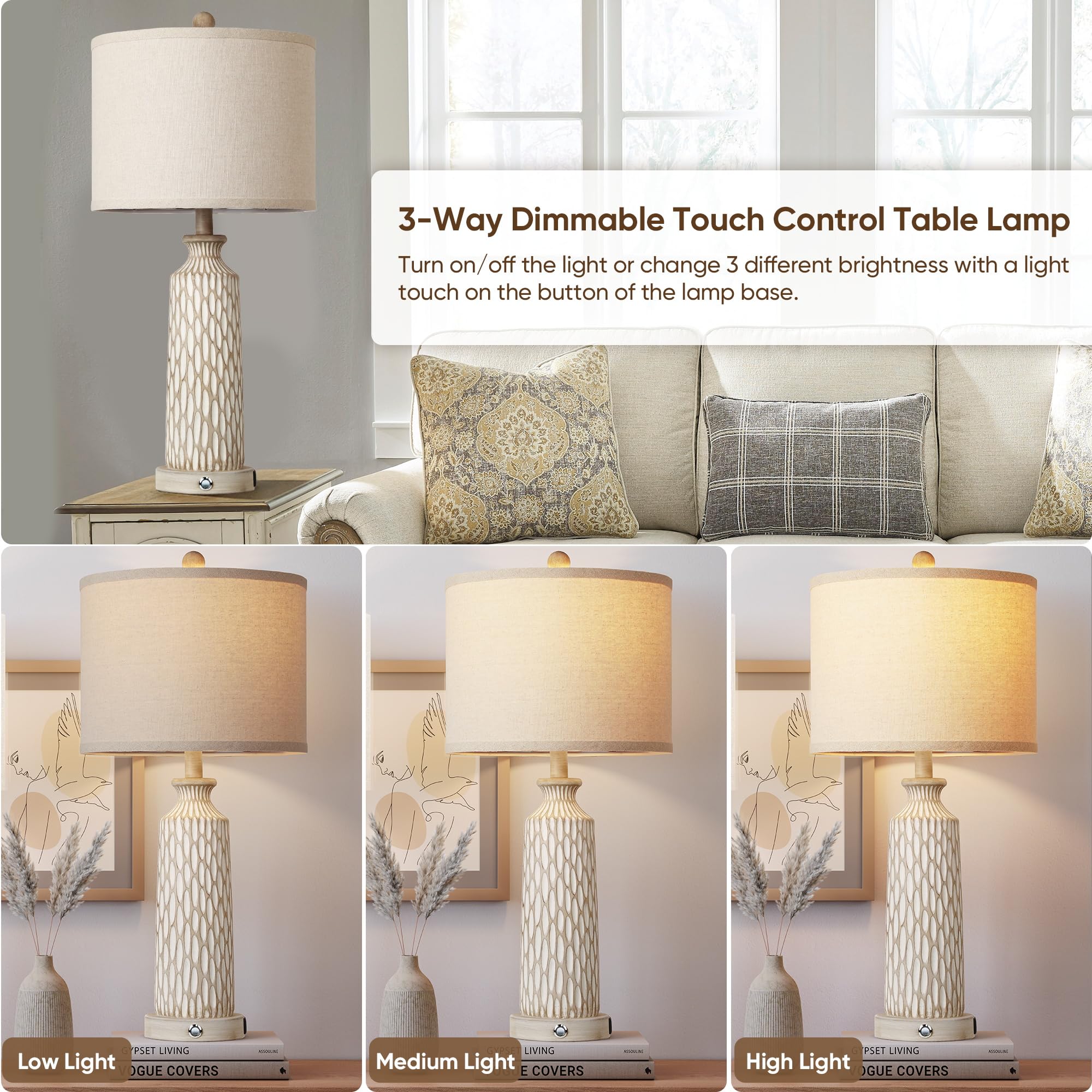 Qimh Table Lamp For Living Room With Usb A+C Ports, Farmhouse Bedside Lamps For Bedroom Set Of 2, Touch Control 3-Way Dimmable,