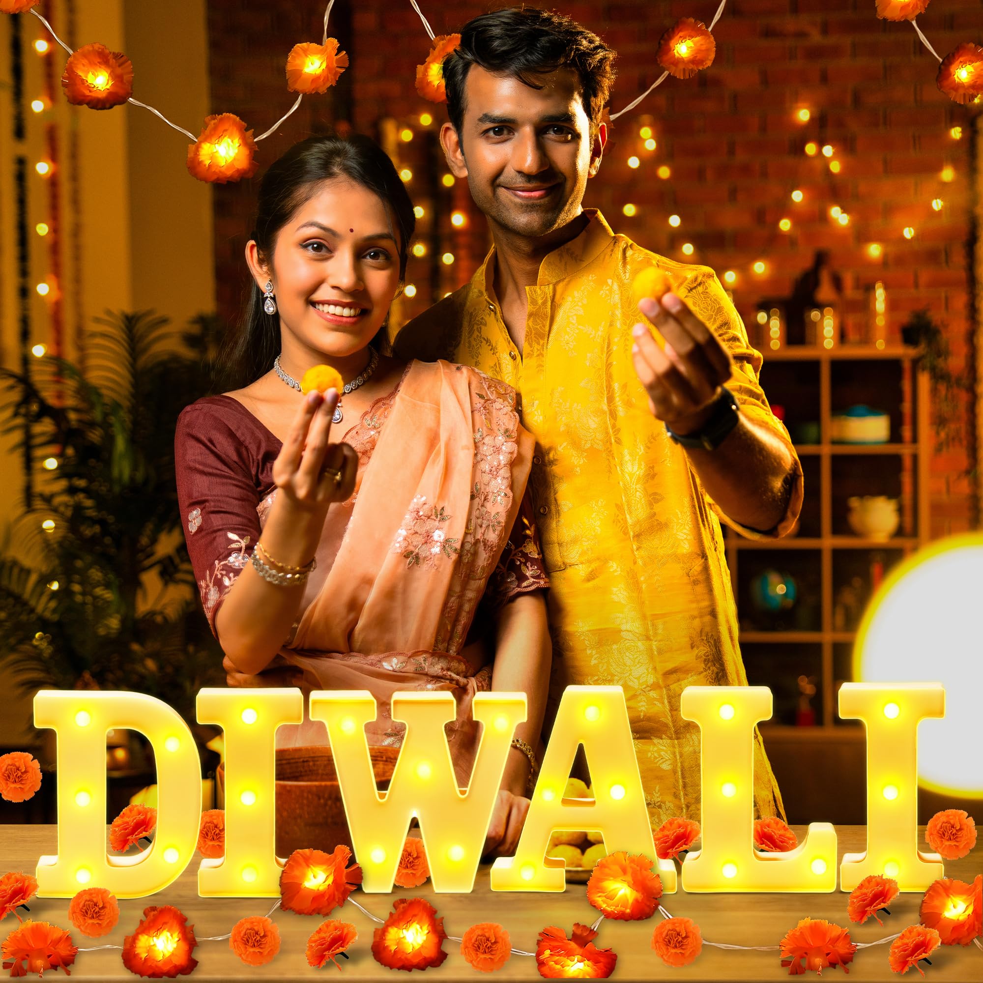 28Pcs Diwali Light Up Letters  6.3 Inch Led Letters Diwali Decor With Led Artificial Lighted Marigold Garland  Mandir Decoration For Indian Hindu Puja Party Festival Gifts(Battery Not Included)