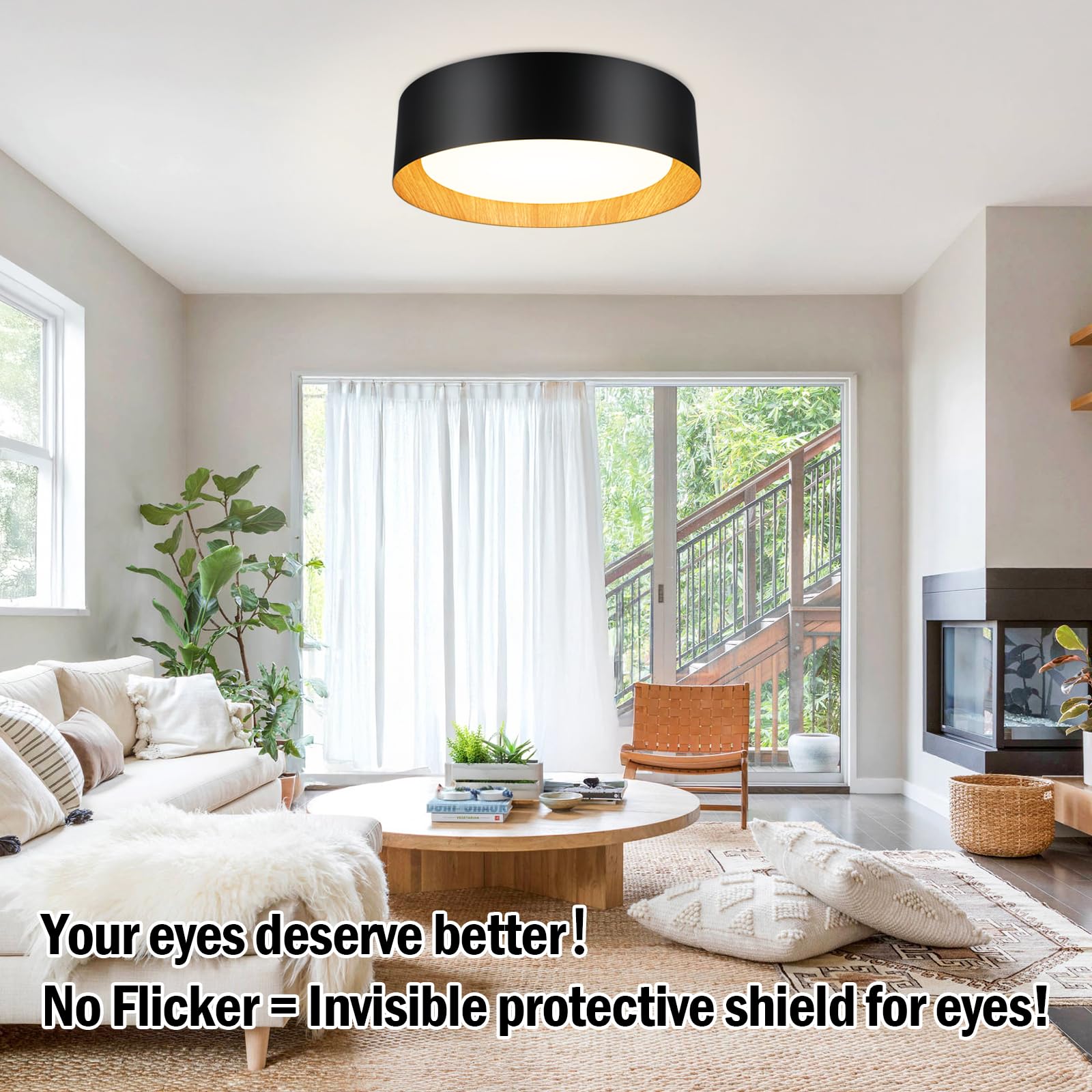 BrightHome Flush Mount Ceiling Light, 13in, 25W LED, Dimmable, Wood Accent, Model BLCL401325WAC-5CCT