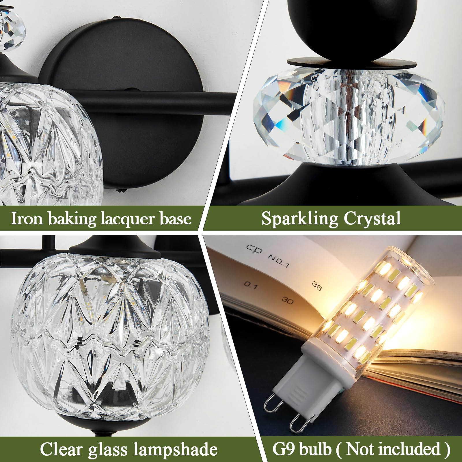 Piepooye Vintage Black Bathroom Light Fixture, 2-Light G9 Wall Sconce, Iron Glass Globe Lamp for Indoor Vanity, Kitchen, Bedroom