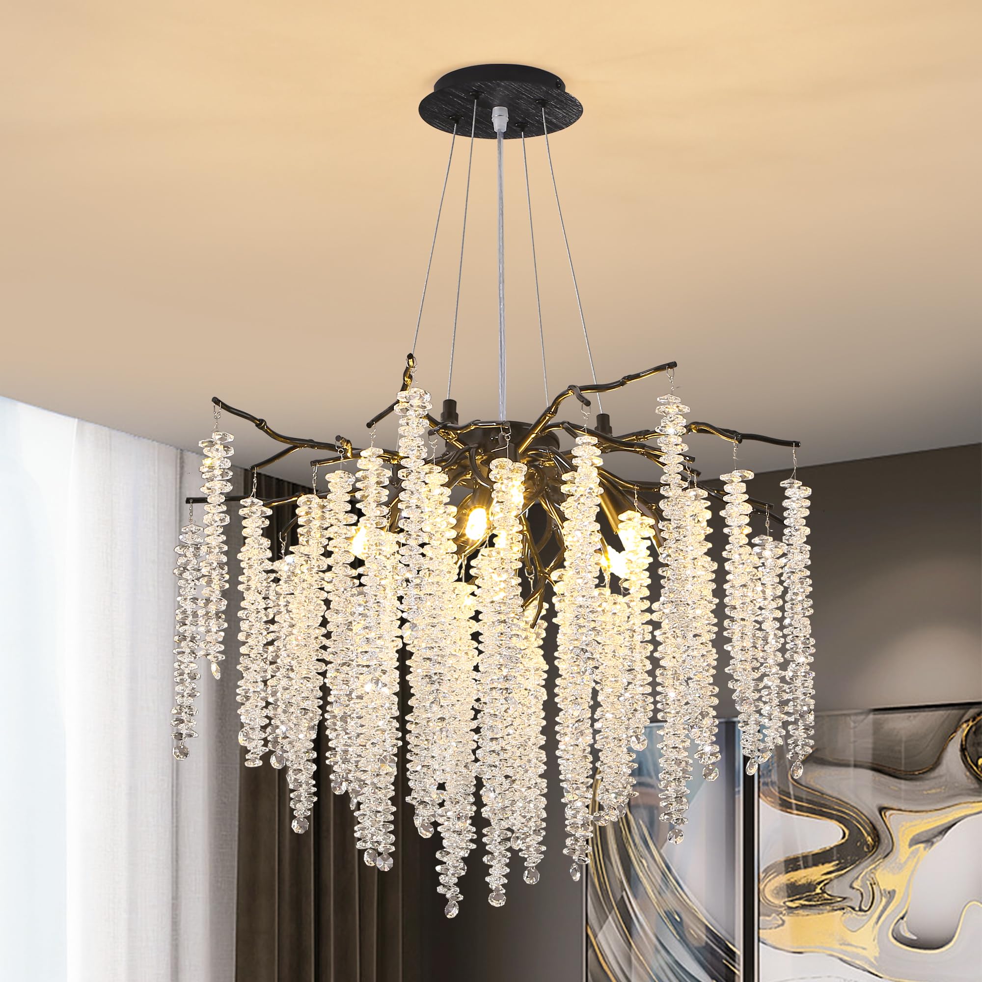 Upfelw Modern Crystal Tree Branch Chandelier, D23.7'' Black Round Raindrop Indoor Hanging Branch Chandelier Fixture for Dining R