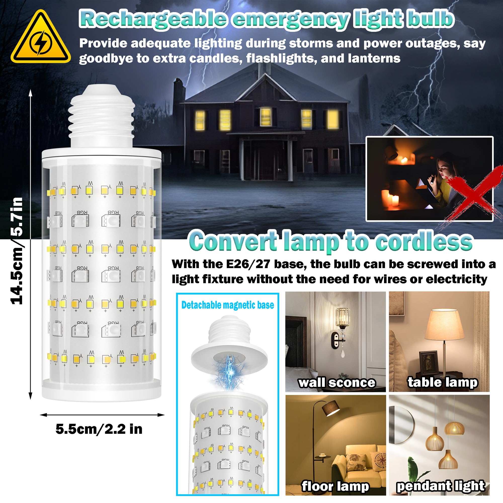 2 Packs Rechargeable Emergency Light Bulbs With Remote And Timer, 10000 Mah Battery Operated Light Bulb For No-Hardwired Fixture