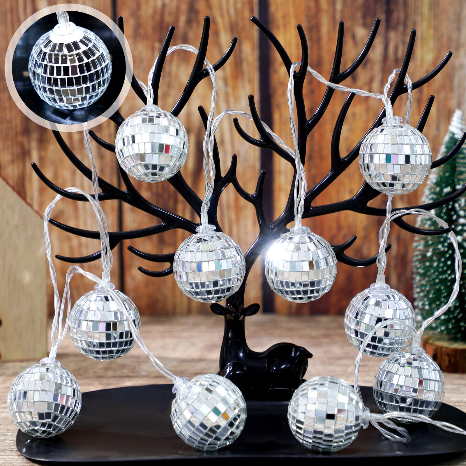 Zhanmai Disco Ball String Lights - 30 LED Mini Mirror Balls, 1.97 Inch, Silver, Model Zhanmai-Lights-48JCDR, Perfect for 70s