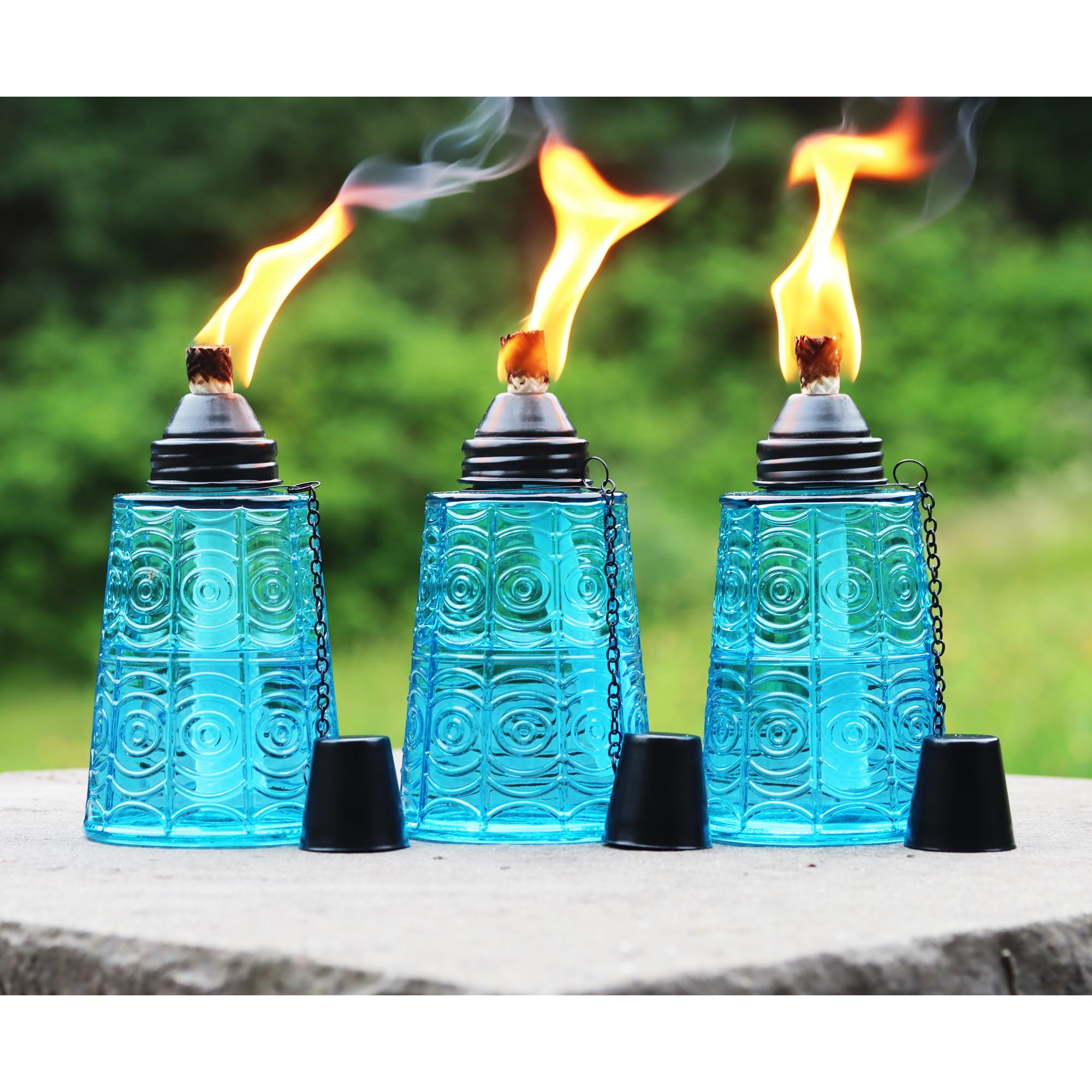 Seraphic Citronella Table Top Torches, Set of 3, 16oz Glass Candles for Outdoor Use, Blue