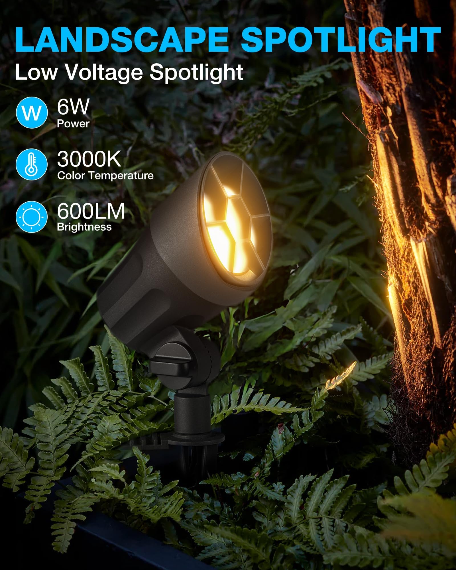 SUNVIE 6W LED Landscape Lights, Warm White, 12-24V, Waterproof, Black, Model CLWS0608C, 8 Pack