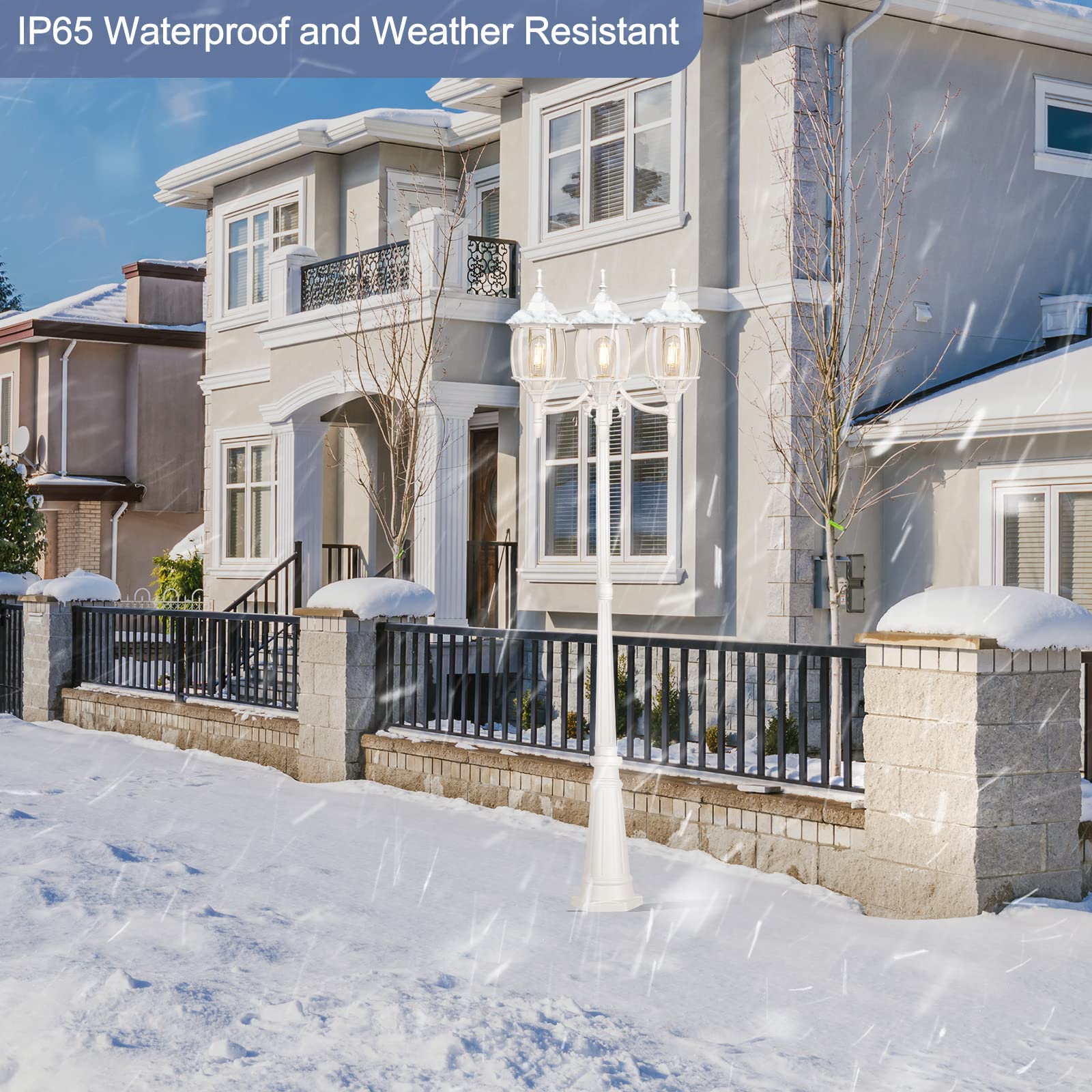 PARTPHONER Outdoor Lamp Post Light, 3-Head, Waterproof, Aluminum, White with Sensor, Model PL003, 3 LED Bulbs Included