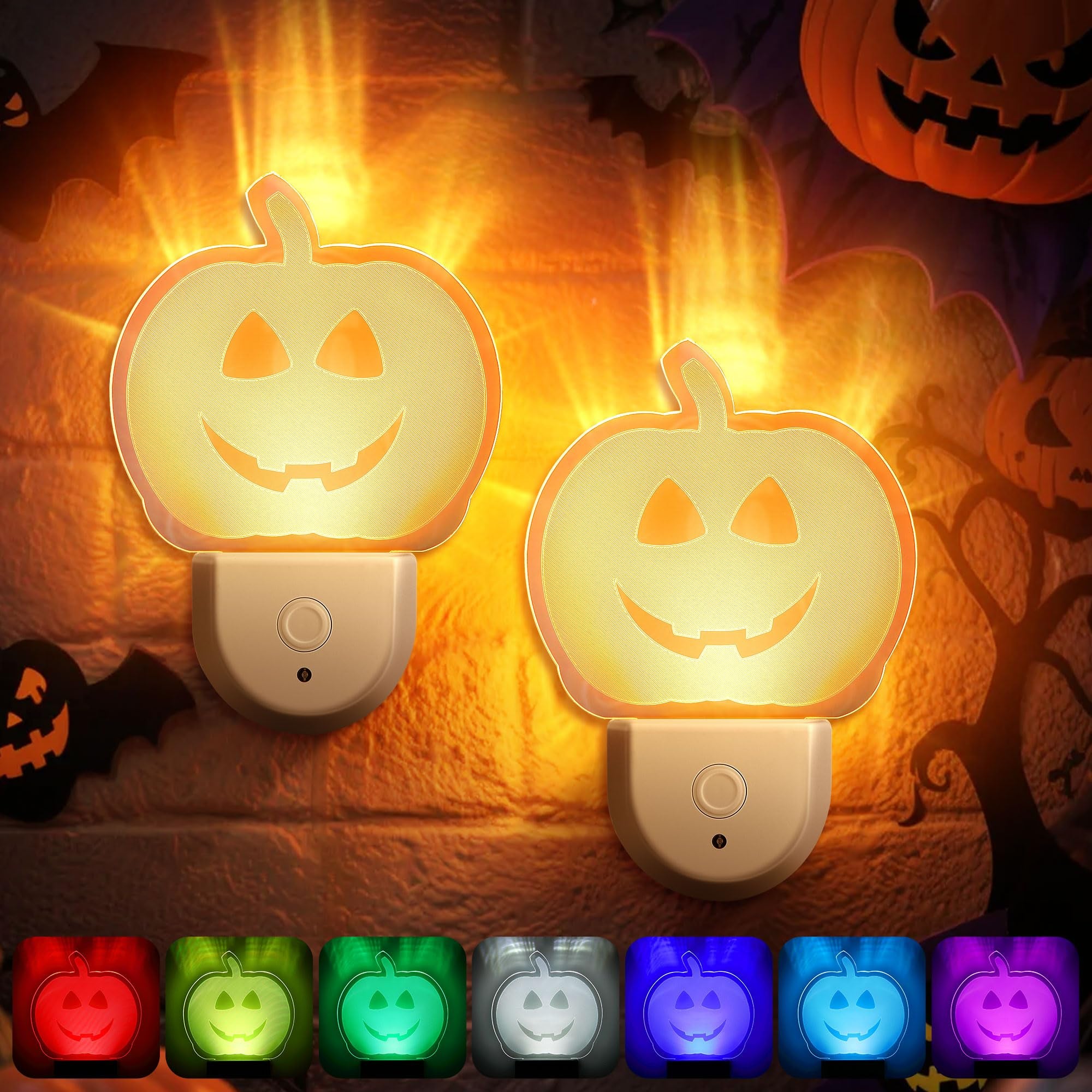 Meonum 2 Pack Halloween Night Light for Kids, 7 Color Plug in Night Light for Kids, Dusk to Dawn Sensor, Nightlights for Girls B