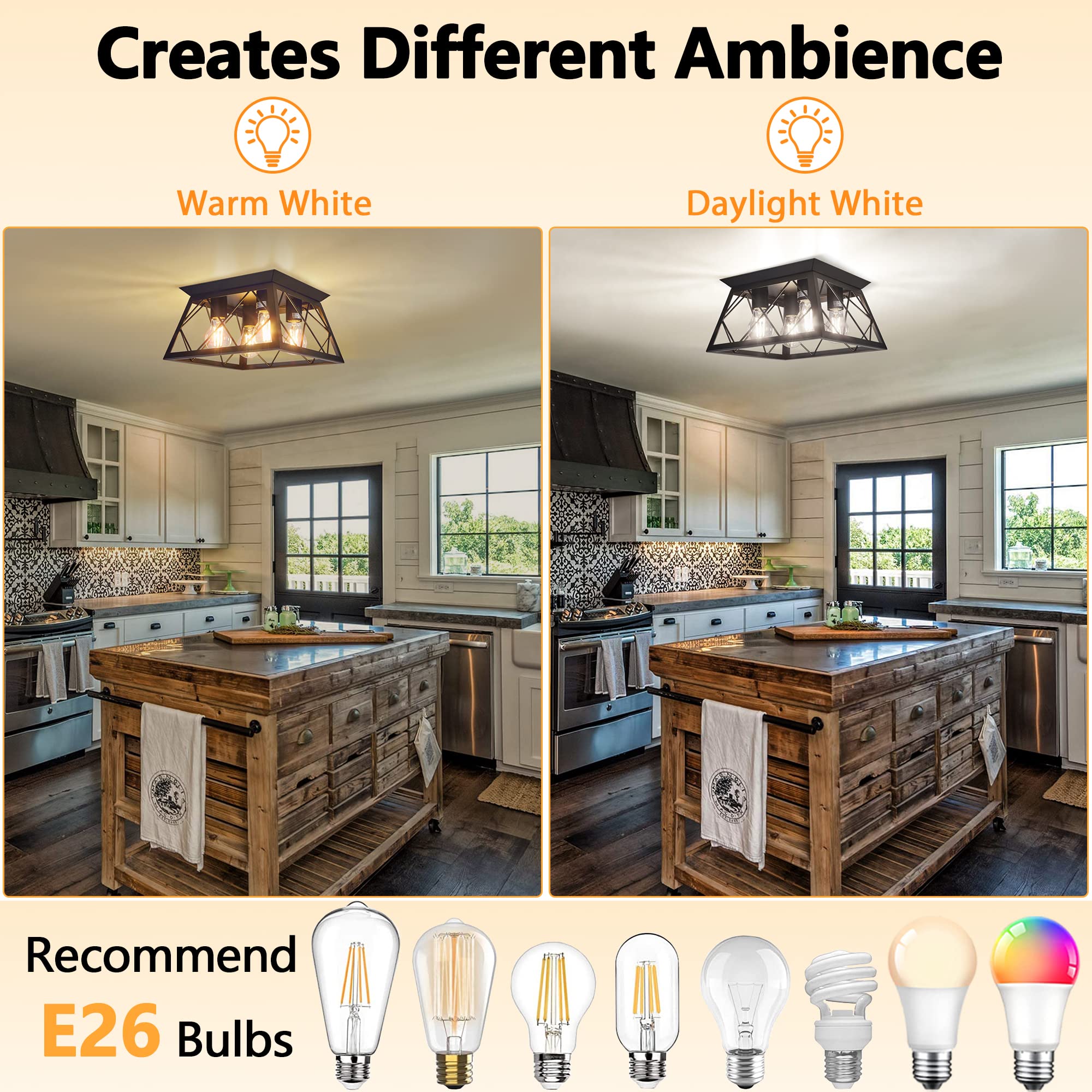 Fadimikoo 4-Light Black Metal Flush Mount Ceiling Light, Industrial Square Cage Design For Kitchen, Dining Room, Living Room