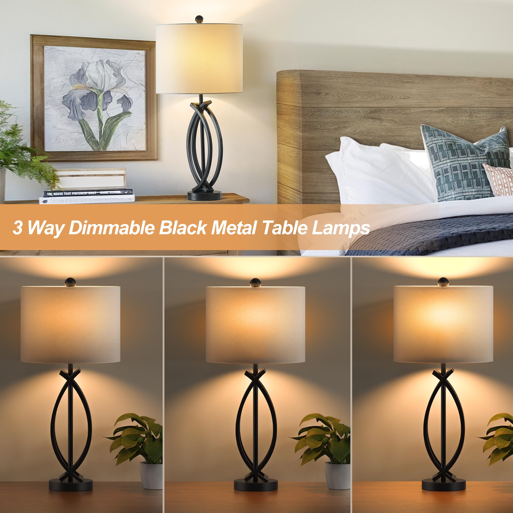 Hightry 26'' Industrial Table Lamps Set Of 2, 3-Way Dimmable Farmhouse Nightstand Lamps Black Metal Bedside Lamps With White Sha