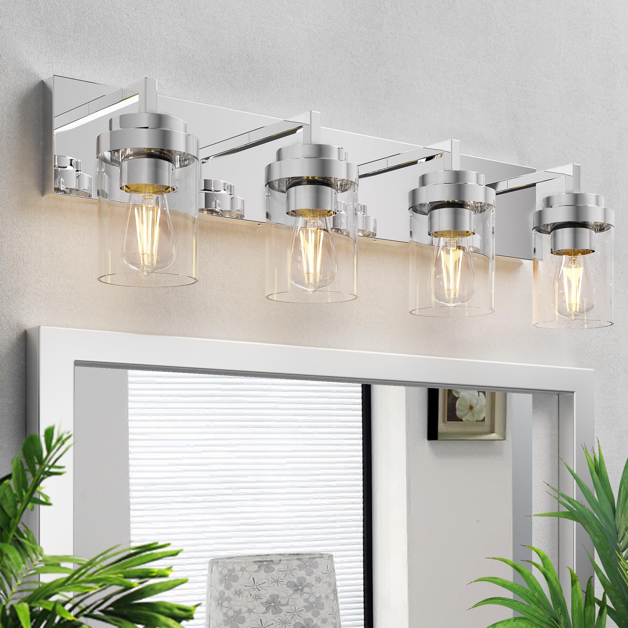 Espird Chrome Bathroom Light Fixtures, 4 Light Bathroom Vanity Light With Clear Glass Shade, 30 In Modern Vanity Light, Bathroom
