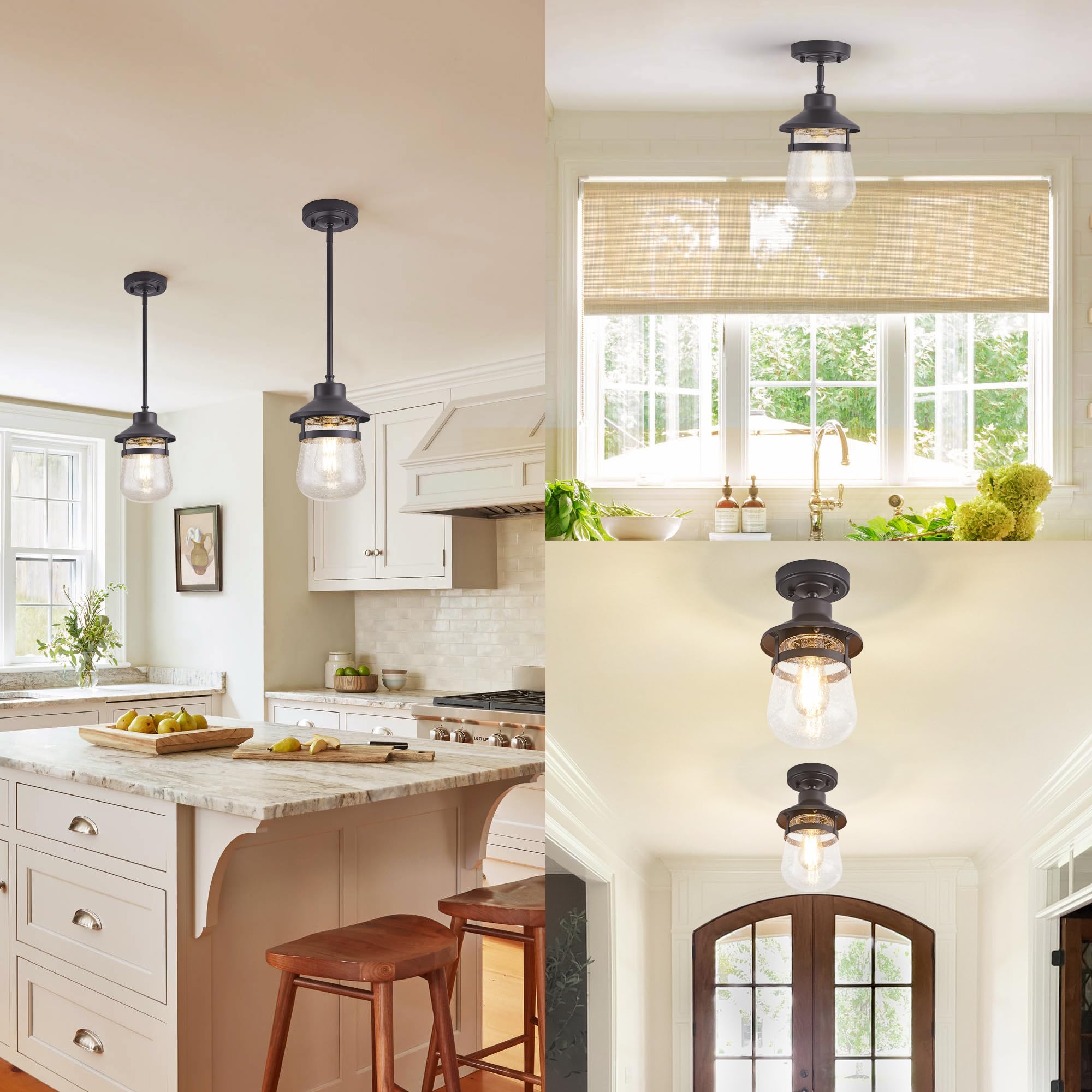 Adjustable Mini Pendant Hanging Fixtures With Seeded Glass Shade,Oil Rubbed Bronze,3 Mounting Options Or Pitched Roof,Farmhouse