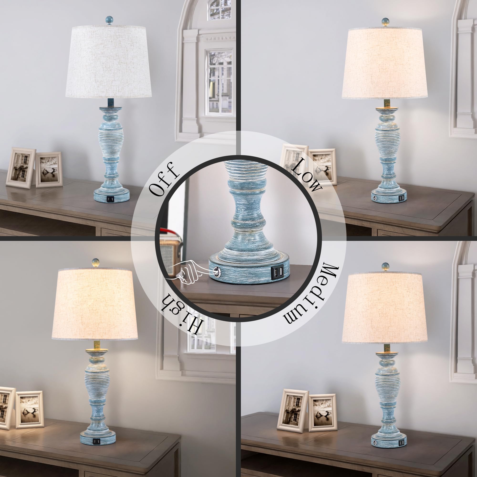 Ireliare Blue Lamps Set Of 2, 27.7'' Table Lamps For Living Room With Usb A+C Ports, Touch Lamps For Bedroom, 2 Bulbs Included