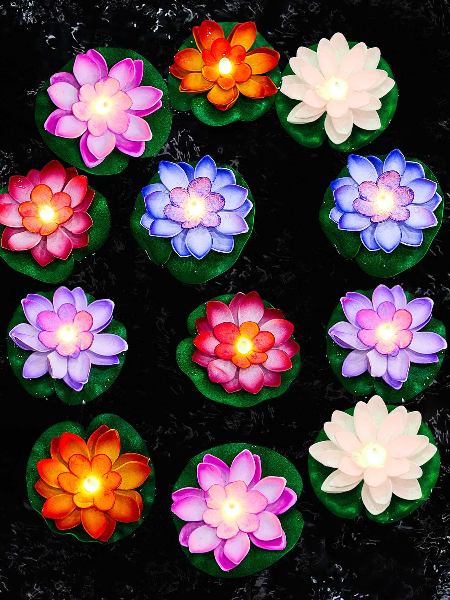 Hortsun 12 Pcs Led Lotus Floating Pool Lights - Multicolor Lily Pad Lanterns, 5.91 Inch