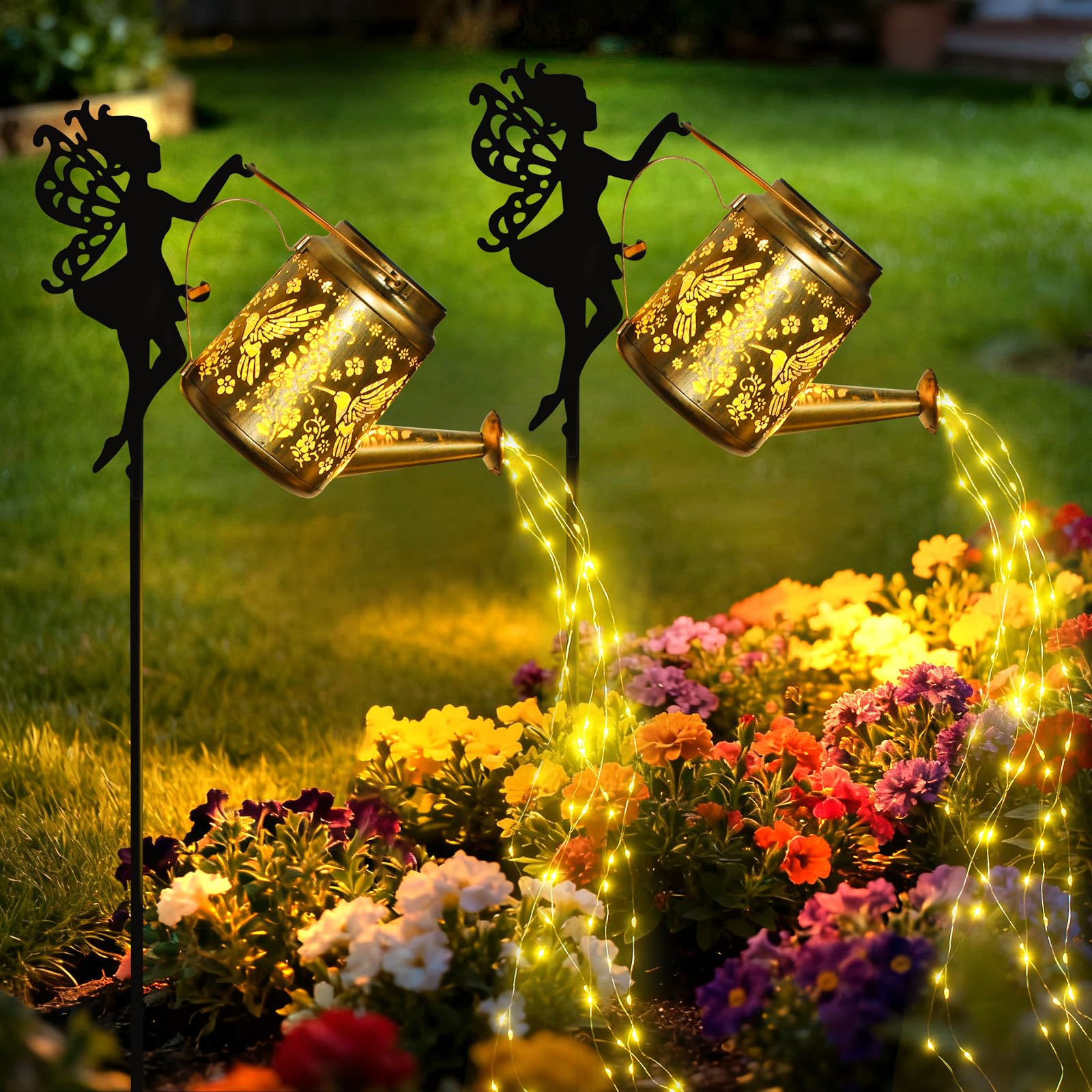 X-PREK Solar Lights Outdoor Waterproof  Fairy Solar Garden Lights Outdoor Decoration  Hummingbird Solar Watering Can Light Gardening Gifts for Mom Grandma 2 Packs