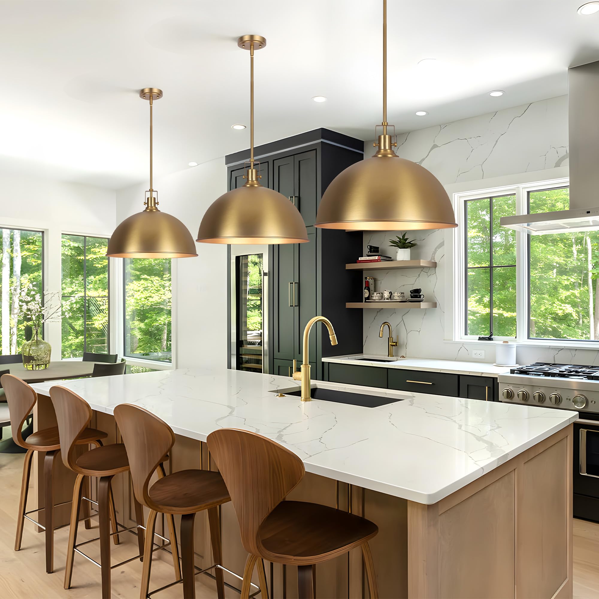 LamQee 18" Brushed Gold Pendant Light, Modern Dome Chandelier for Kitchen, Dining, Bar, Hallway - Model JK5023JIN