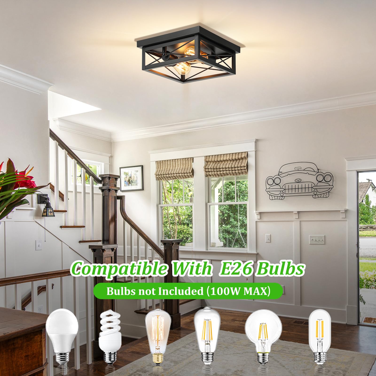 Kondras 2-Light Farmhouse Ceiling Light Fixture, Industrial Square Flush Mount Ceiling Light, Modern Black Metal Hallway Ceiling