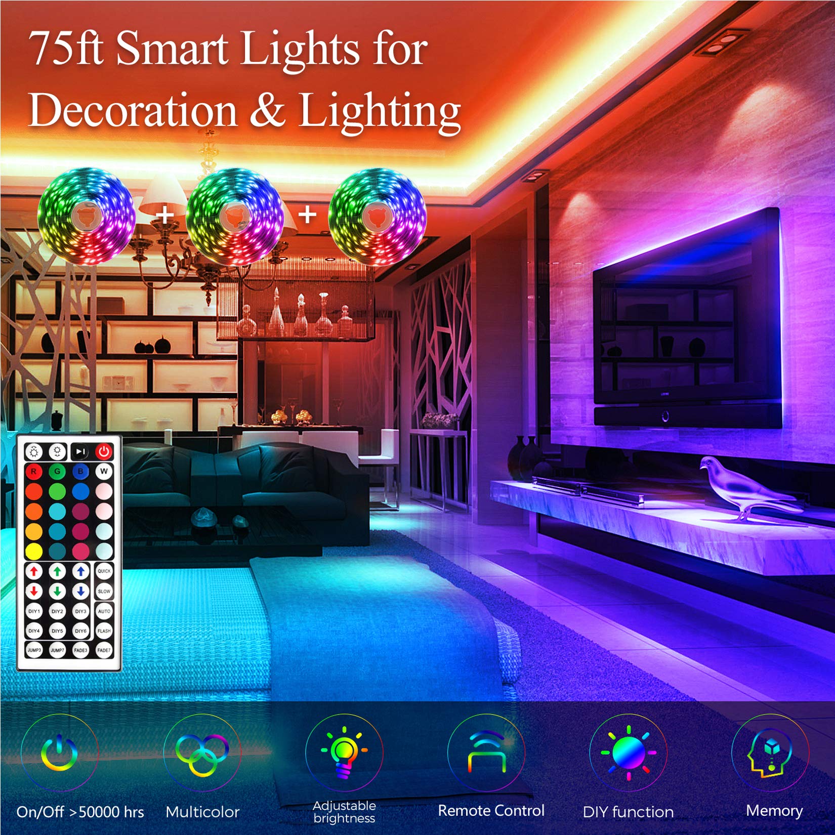 Qzyl 75Ft Led Lights For Bedroom, Rgb Led Strip Lights For Living Room, Party Decor With Dimmable Lighting, Bright Adjustable Co