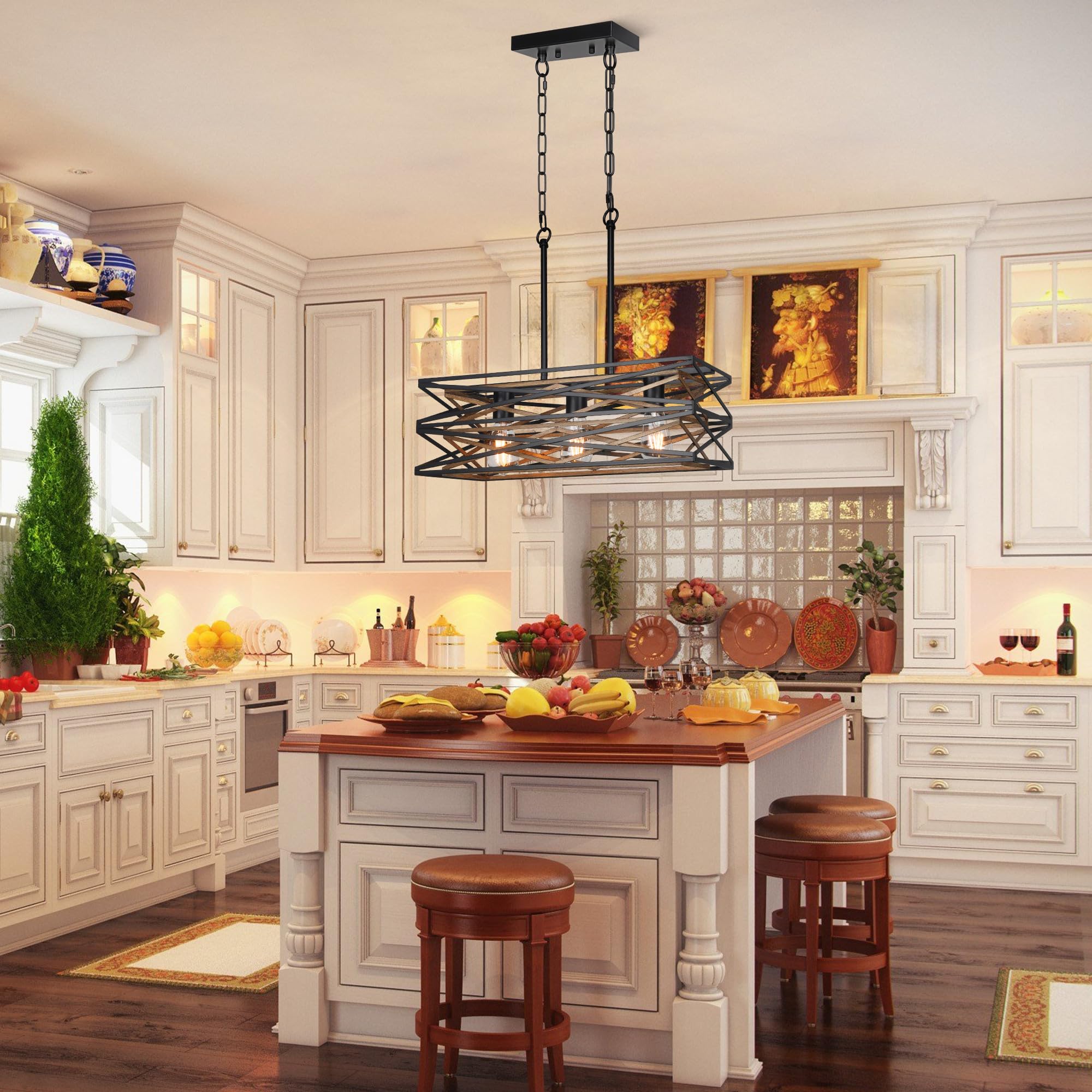 Sigaitwei 21''Farmhouse Dining Room Light Fixture,3-Light Kitchen Island Lighting,Industrial Chandelier For Dining Room Over Table Kitchen Bar,Linear Chandelier With Retro Wood Texture Interior