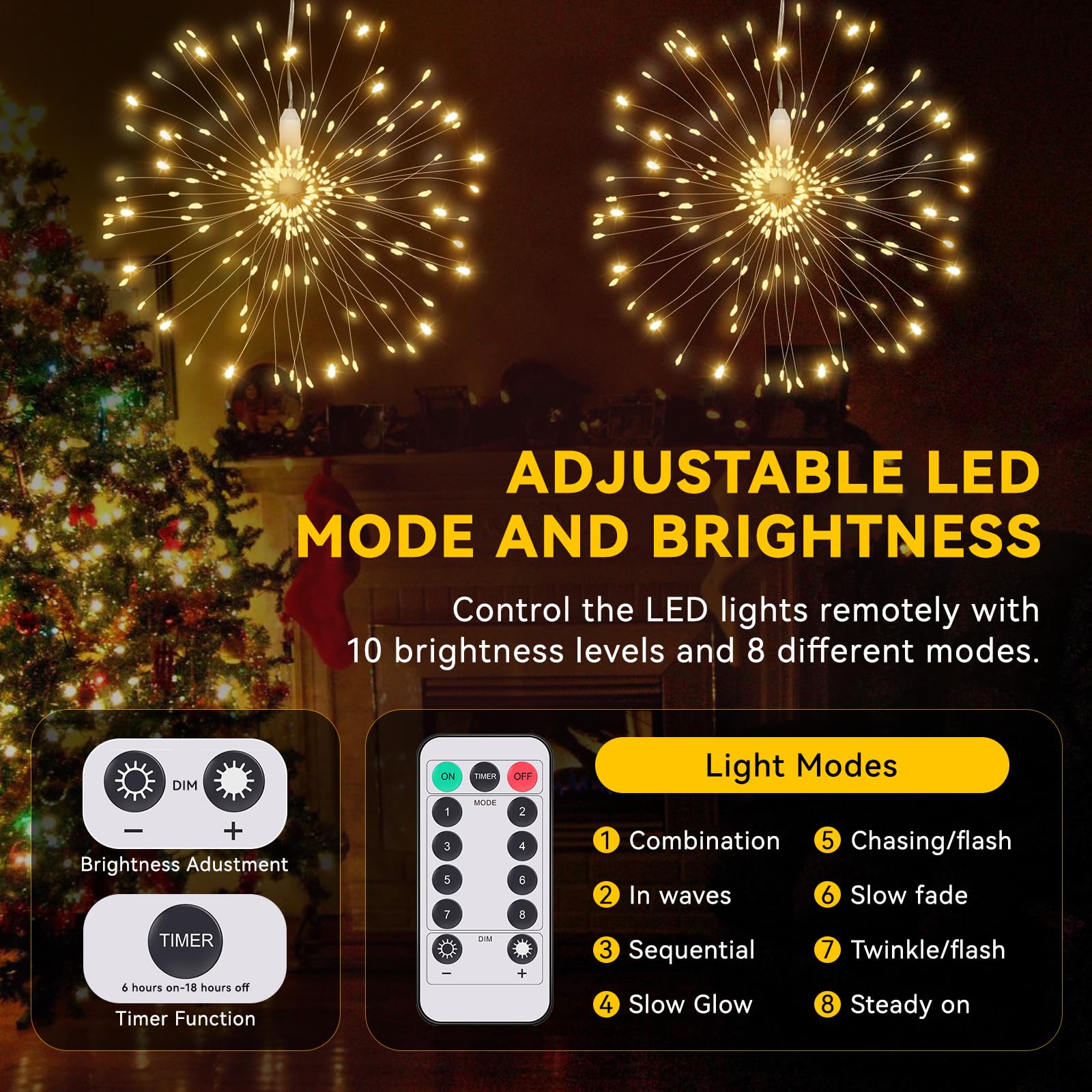 6 Pack Firework Lights 120 Led Copper Wire Firework Lights, 8 Modes Dimmable String Led Lights With Remote Control,Waterproof Ha