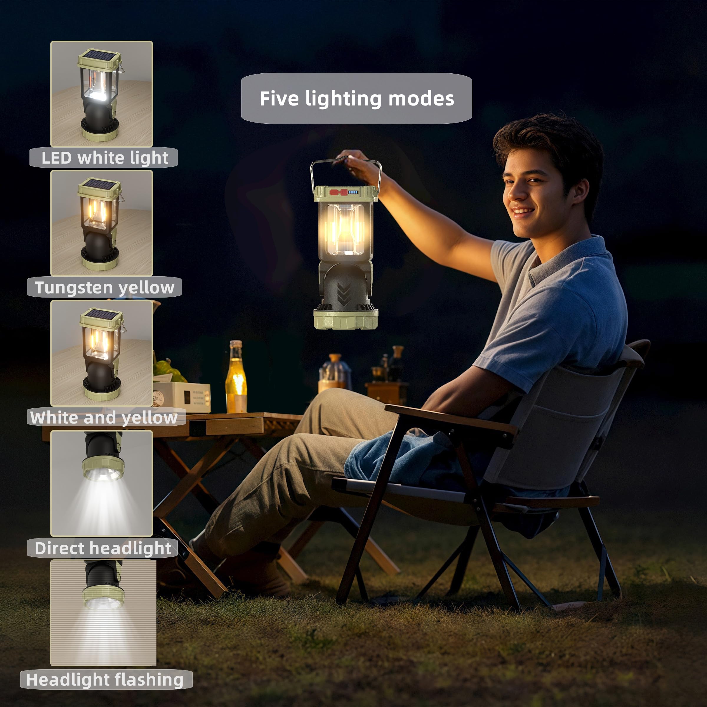 Homy Electric Lanterns Solar Charging Gray-Green Camping Essentials Led Lights And Rechargeable Flashlight Headlight + Big Light