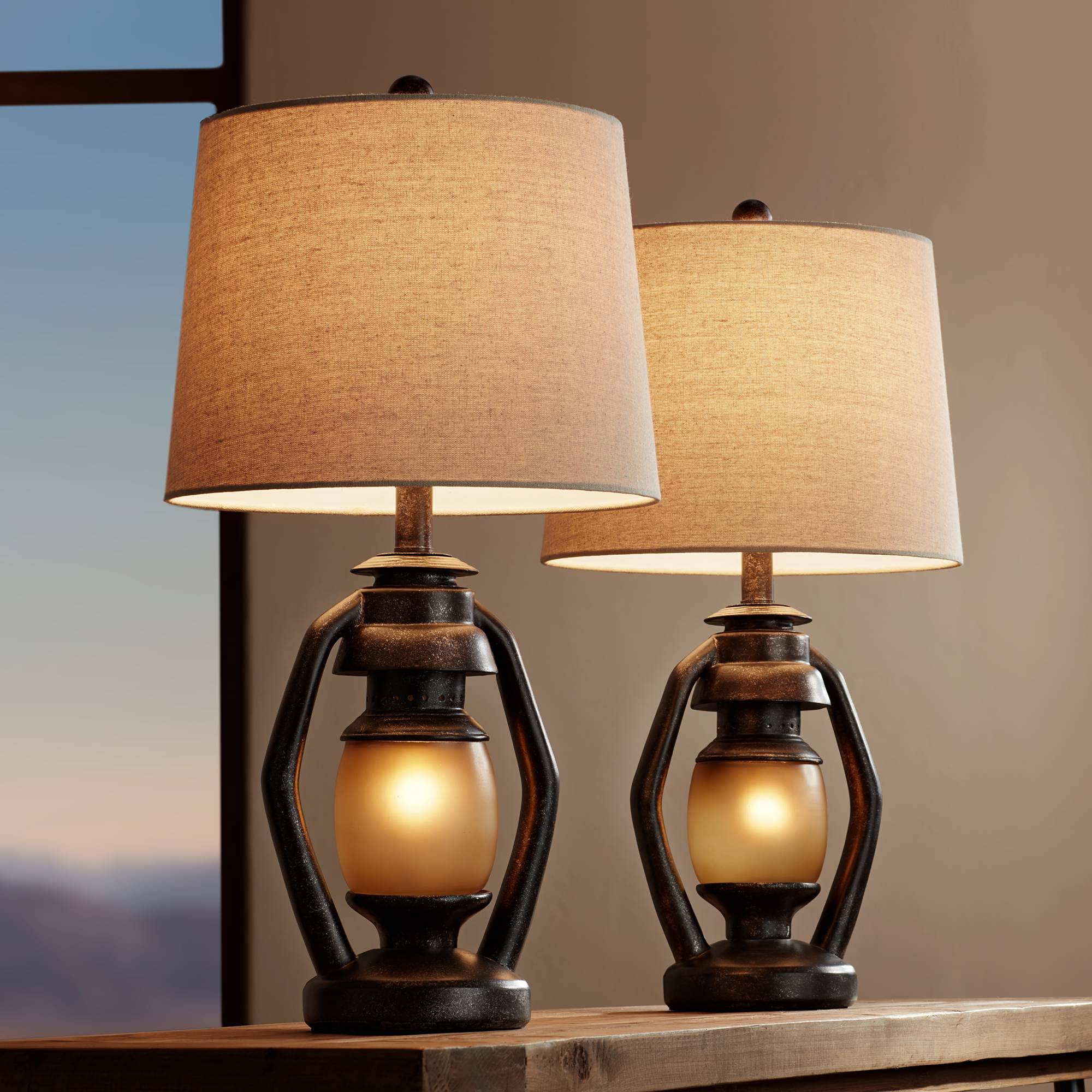 Franklin Iron Works Rustic Farmhouse Table Lamps Set of 2 with Nightlight, 25.25in High, Brown, Model 67Y72, Tapered Drum Shade