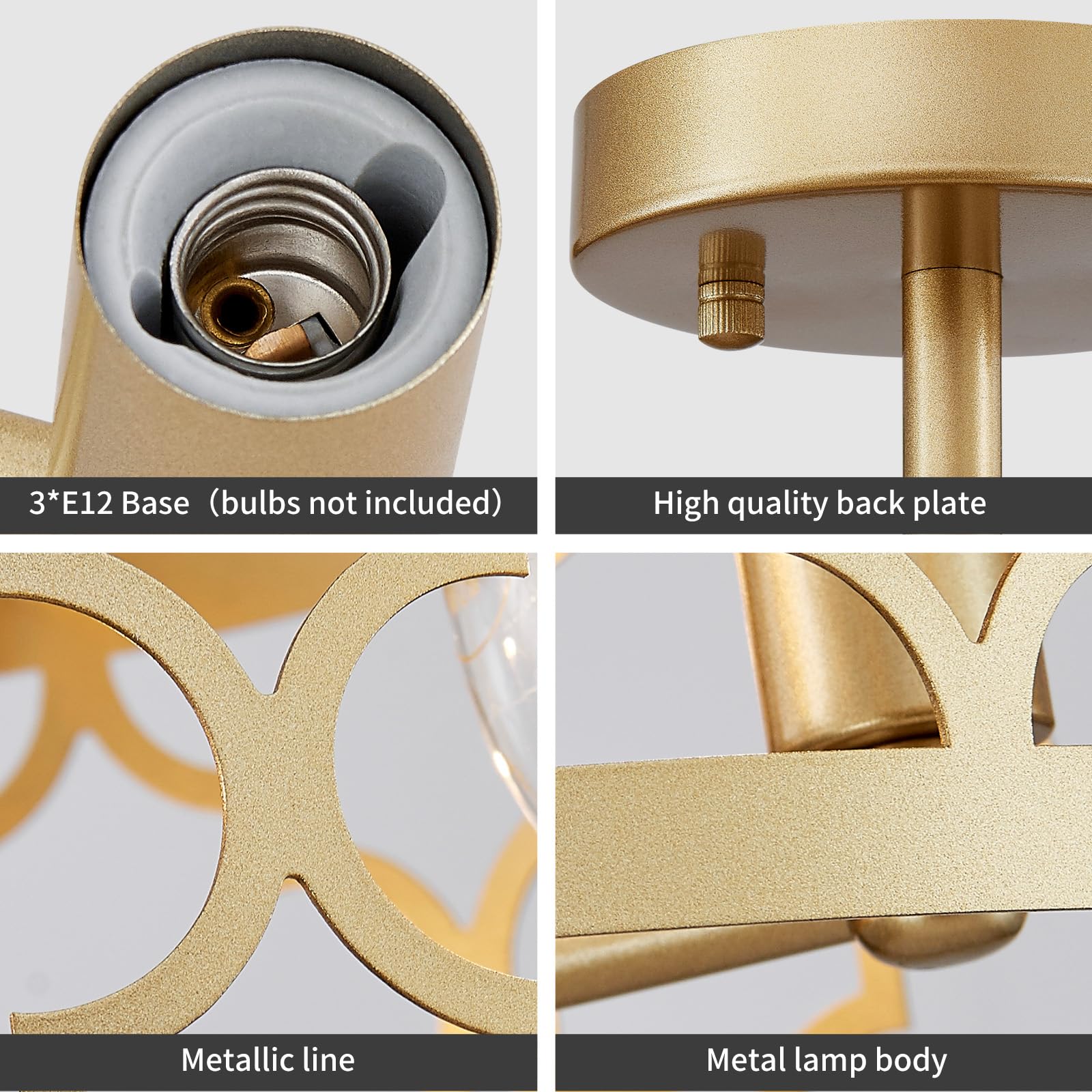 WUZUPS 3-Light Vintage Farmhouse Chandelier Semi-Flush Mount Ceiling Light, Gold, H 9.8" x W 12.4", E12 Base, Model USHD900