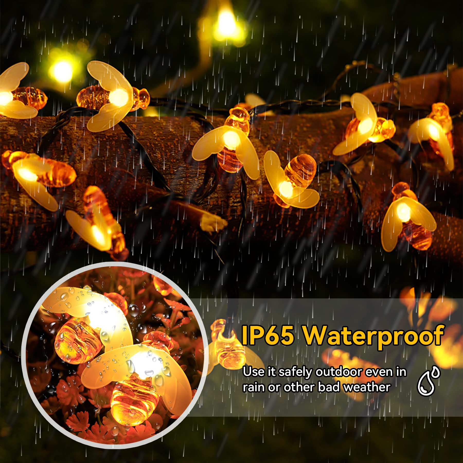 ITICdecor Solar Bee String Lights 50 LEDs, 8 Modes, Waterproof, Orange, 50L Bee Model SL-HBee-50L-US
