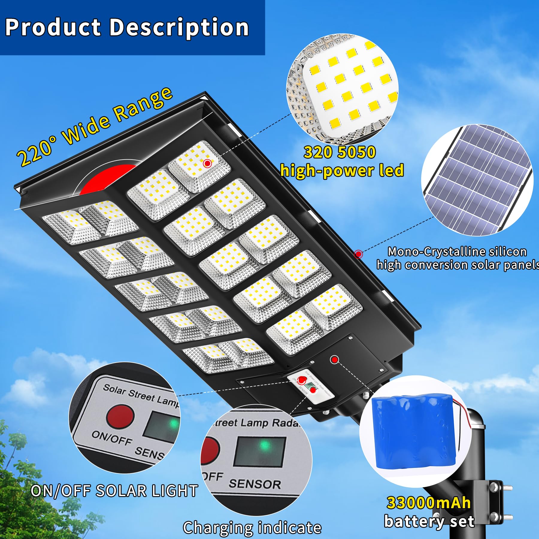 Ofuray Of-6000W Solar Street Lights, 400000Lm, 6500K Waterproof, Remote Control, Black, Dusk to Dawn, Ideal for Streets and Parking Lots