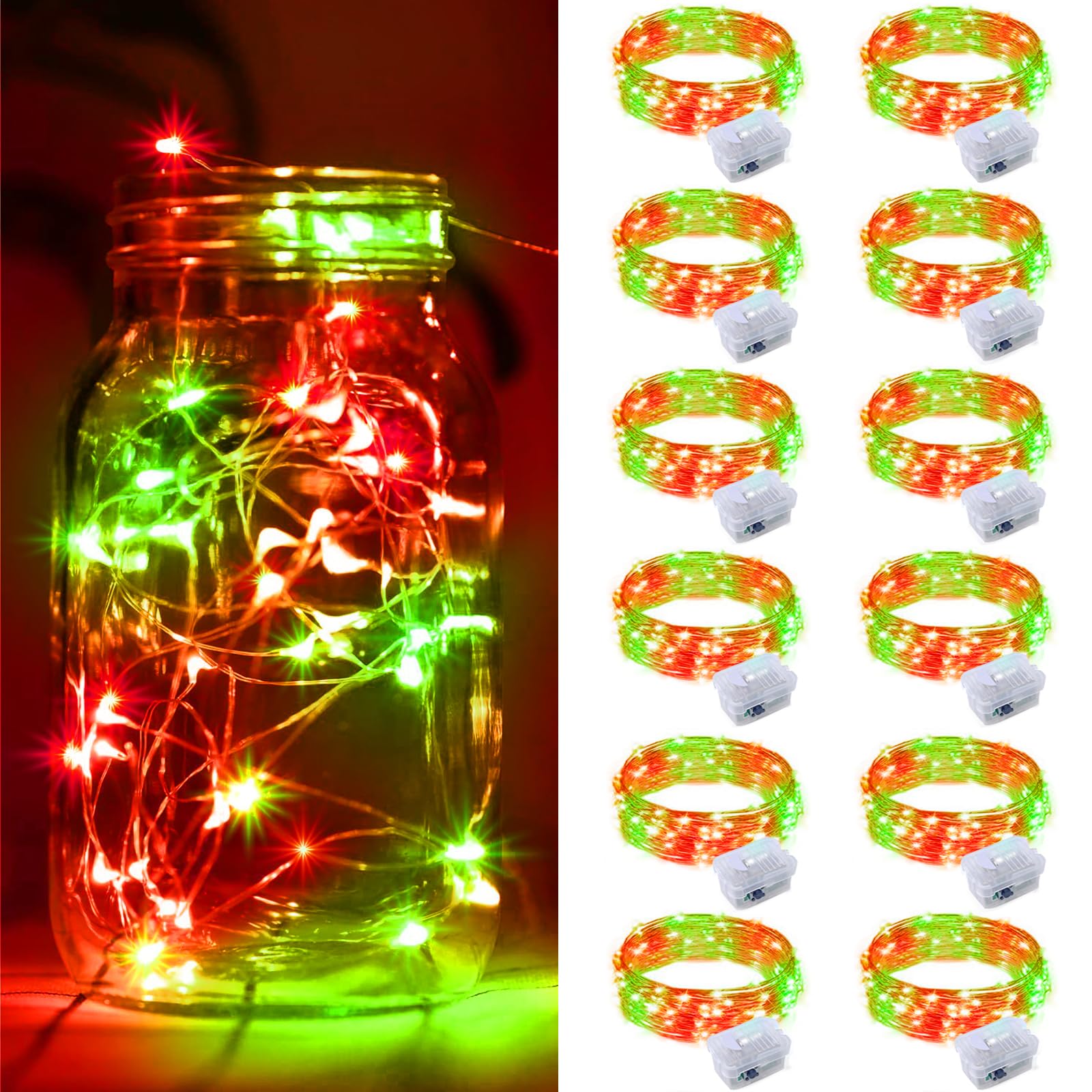 Zgwj 12 Pack Christmas Fairy Lights Battery Operated  7Ft 20Led Mini Fairy String Lights Silver Wire 3 Modes Waterproof For Christmas Tree Diy  Parties  Bedroom Decorations Red&Green