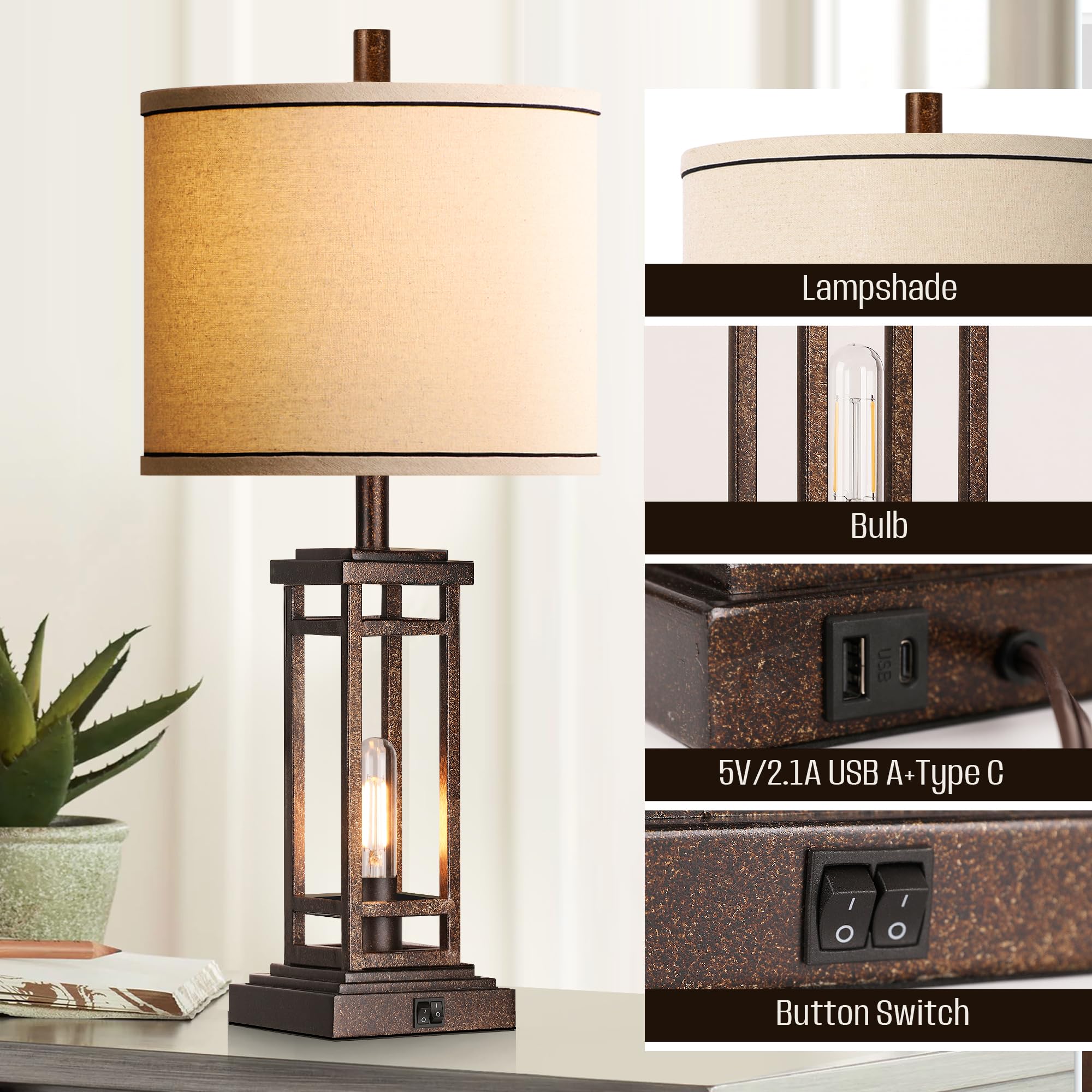 ROTTOGOON Table Lamps Set of 2, Rustic Metal with USB Ports, 27.5in Tall, Bronze, Industrial Design for Living Room and Bedroom