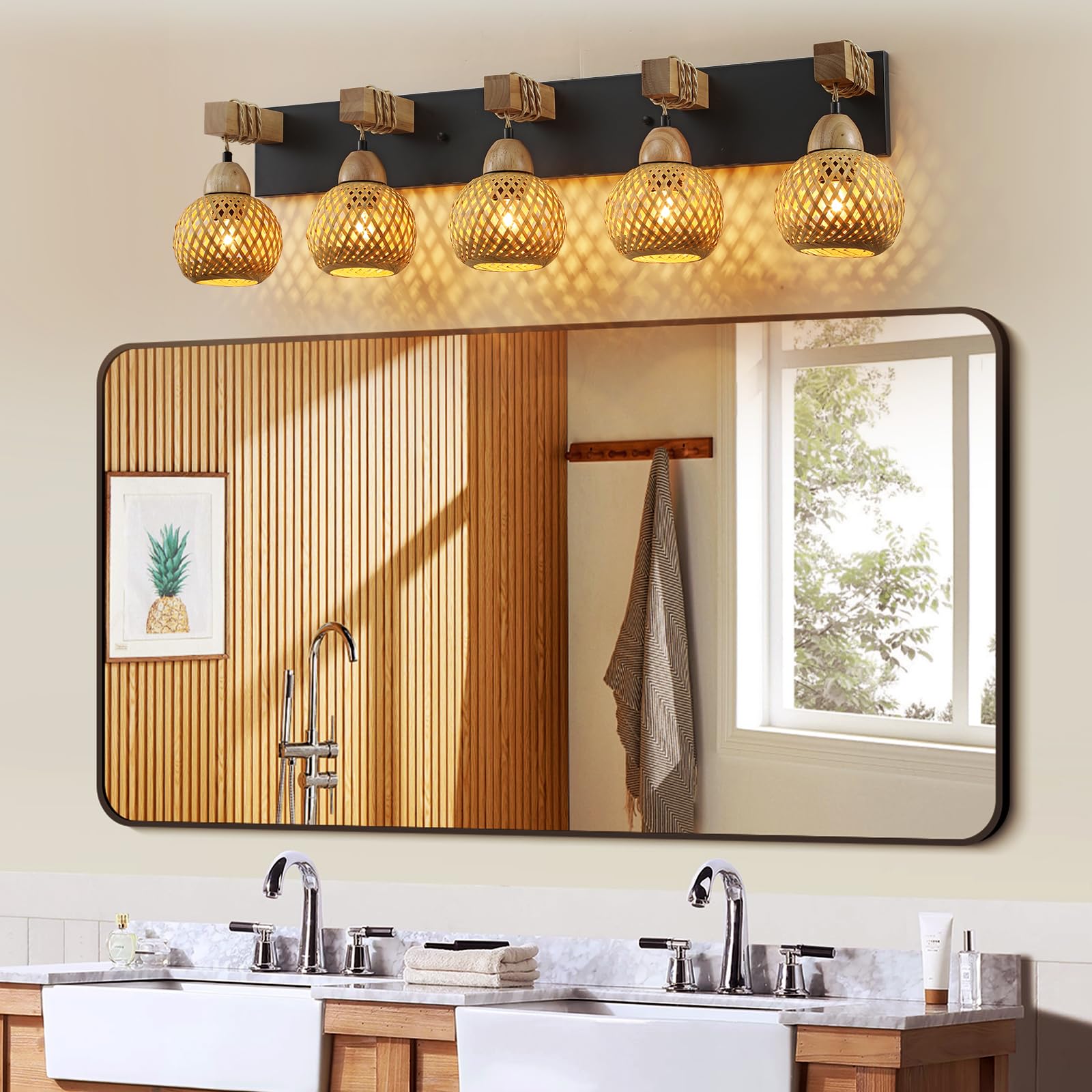 5-Light Bathroom Vanity Light Fixtures, Rustic Style Farmhouse Wood Bathroom Wall Sconce, Handmade Bamboo Woven Boho Wicker Bask